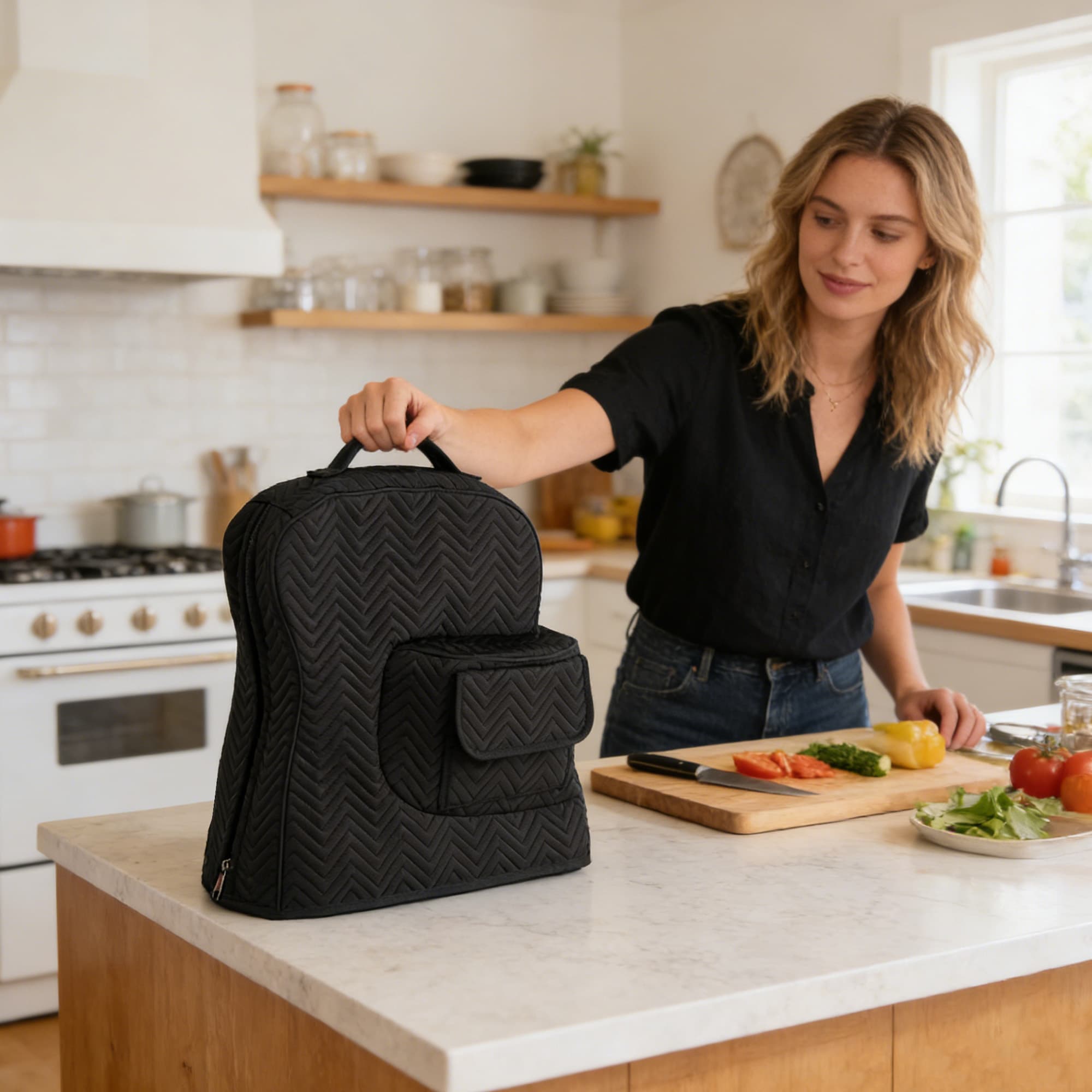 Stand Mixer Cover Compatible with Tilt-Head Mixer, Quilted Dust Cover with Zipper Back & Side Pockets, Protective Storage Bag for Mixer Accessories, Black - 5