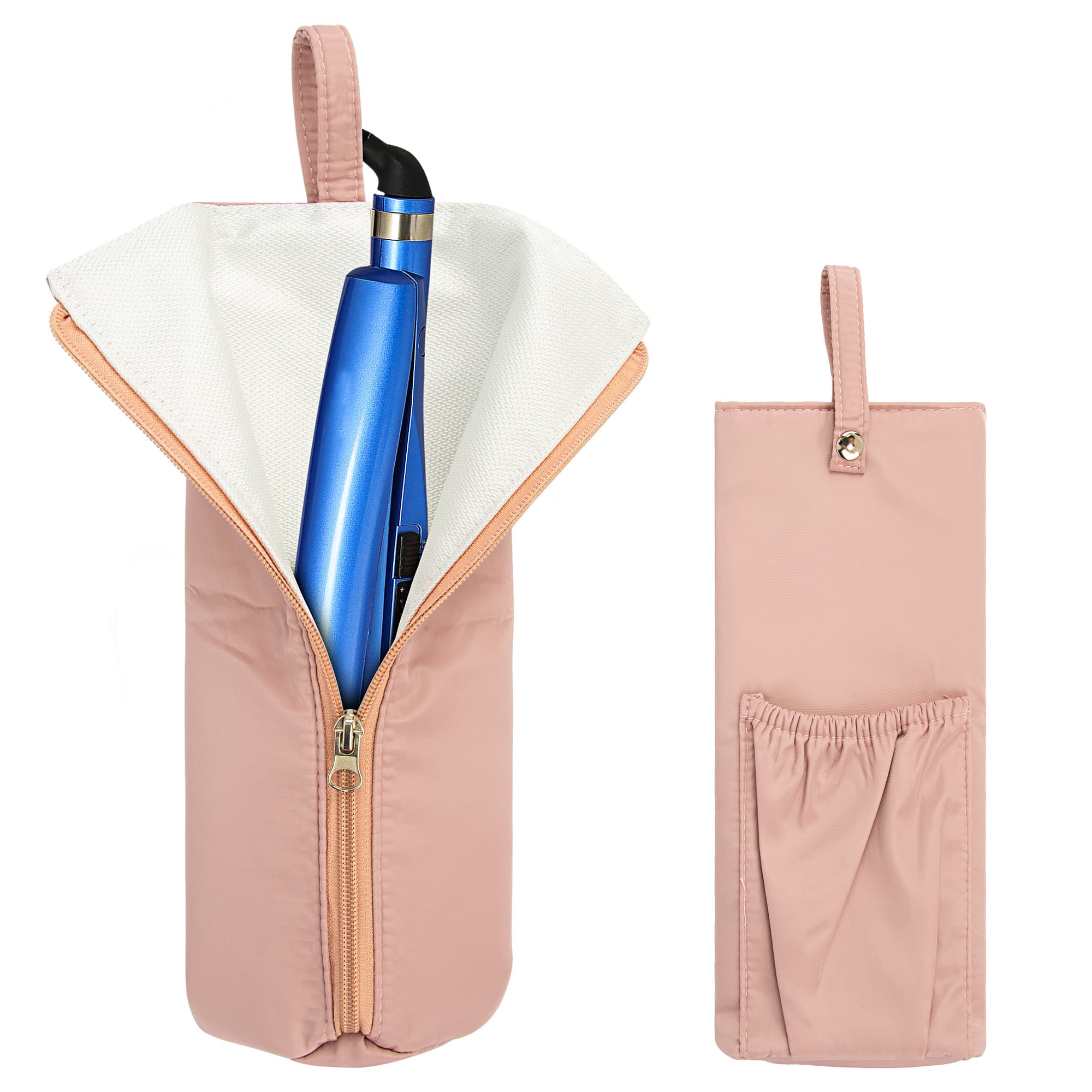 Kingshion Heat Prevention Hair Tools Travel Bag - Thermal Insulation Storage Pouch for Hair Straighteners & Curling Irons with Snap Strap, Dresser Organizer for Home - Pink