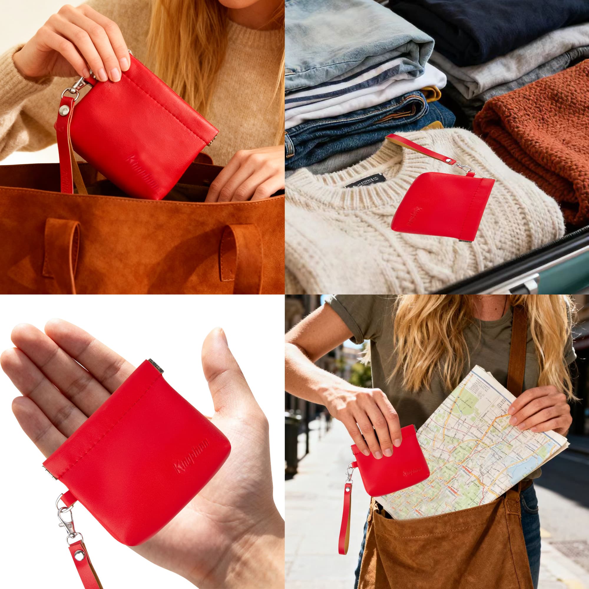 Snap Button Closure Pouch, Small Storage Organizer with Detachable Wrist Strap & 12 Constellation Badges - Self-closing Multipurpose Bag for Cosmetics, Lipstick, Earbuds, Change, Jewelry (Red) - 5