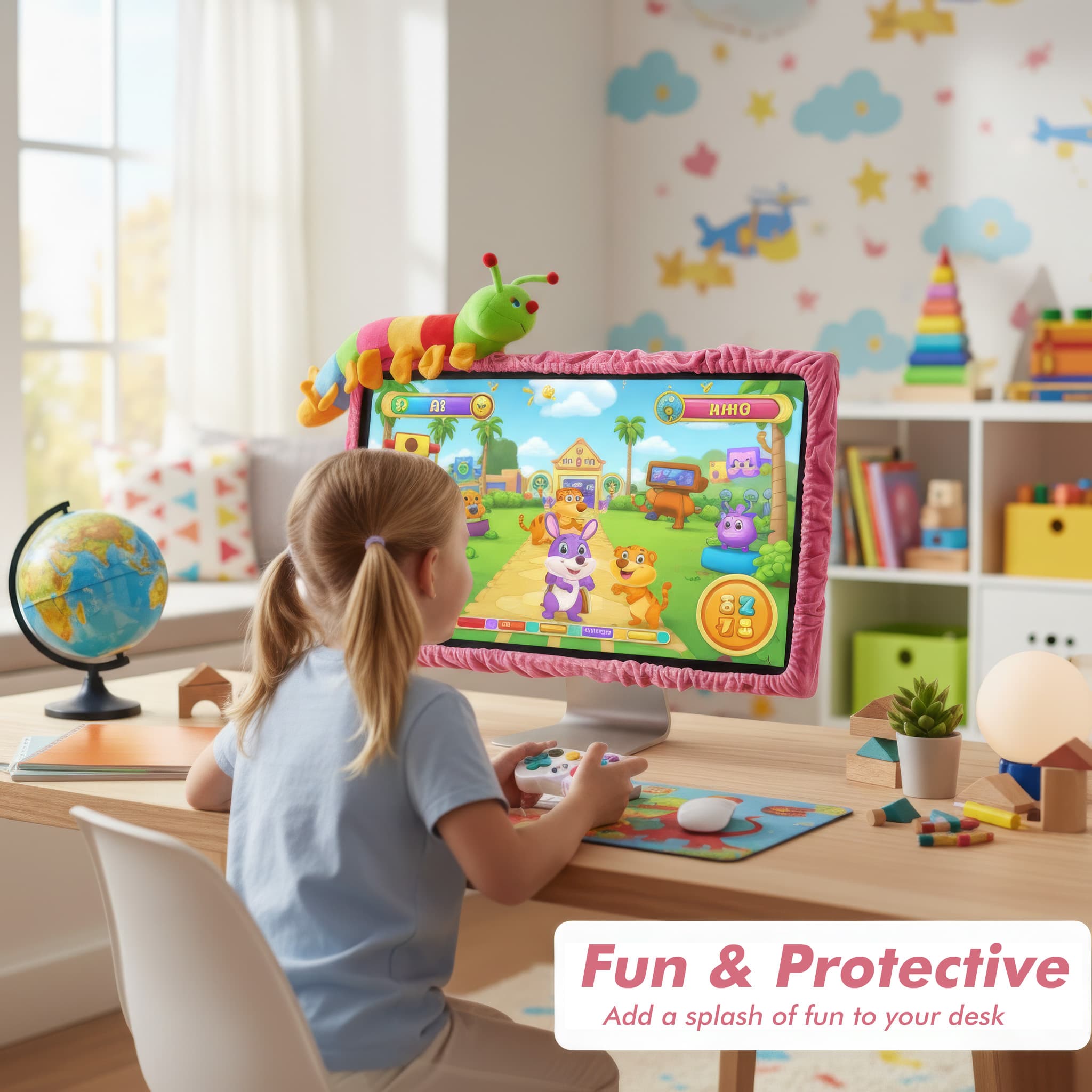 32" Lovely Cute Caterpillar Computer Monitor Cover with Elastic, TV LCD Screen Monitor Decoration Dust Cover Protector, Pink - 4