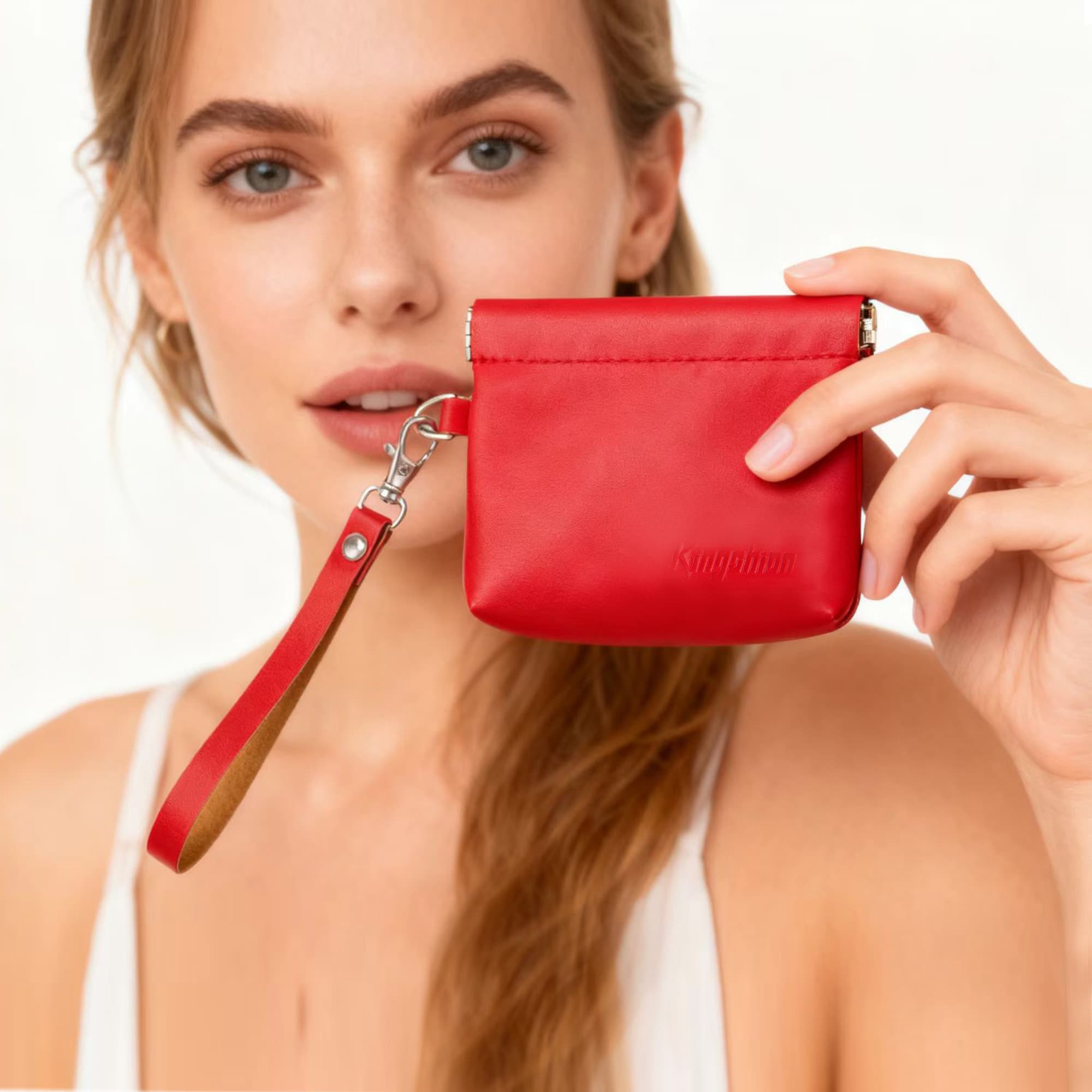 Snap Button Closure Pouch, Small Storage Organizer with Detachable Wrist Strap & 12 Constellation Badges - Self-closing Multipurpose Bag for Cosmetics, Lipstick, Earbuds, Change, Jewelry (Red) - 4