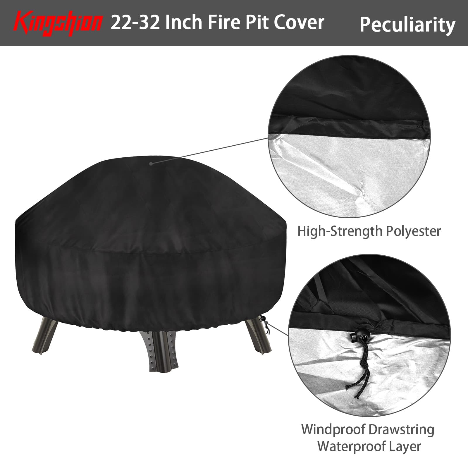 Kingshion 22-32 Inch Fire Pit Cover with Storage Bag, Dustproof Outdoor Fire Pit Table Cover,  Heavy Duty Polyester Firepit Cover Round with Windproof Drawstring & Waterproof Layer, Black - 2