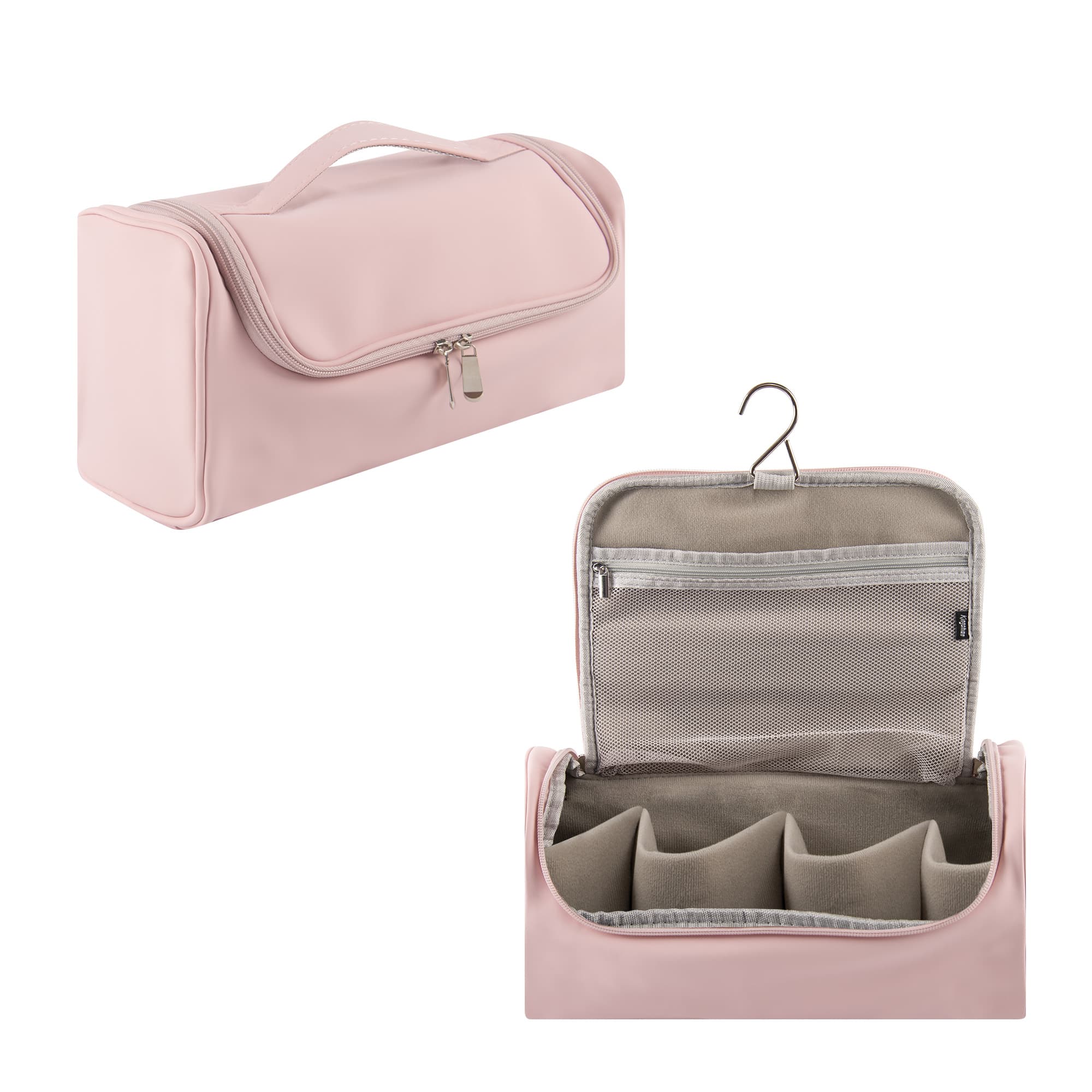 Hair Tool Organizer Case Compatible with Hair Dryer & Curling Iron - Premium Smooth PU Leather Storage Bag with Wall-Mountable Hook, Mesh Pocket, 4 Slots for Detachable Replacement Heads (Pink)