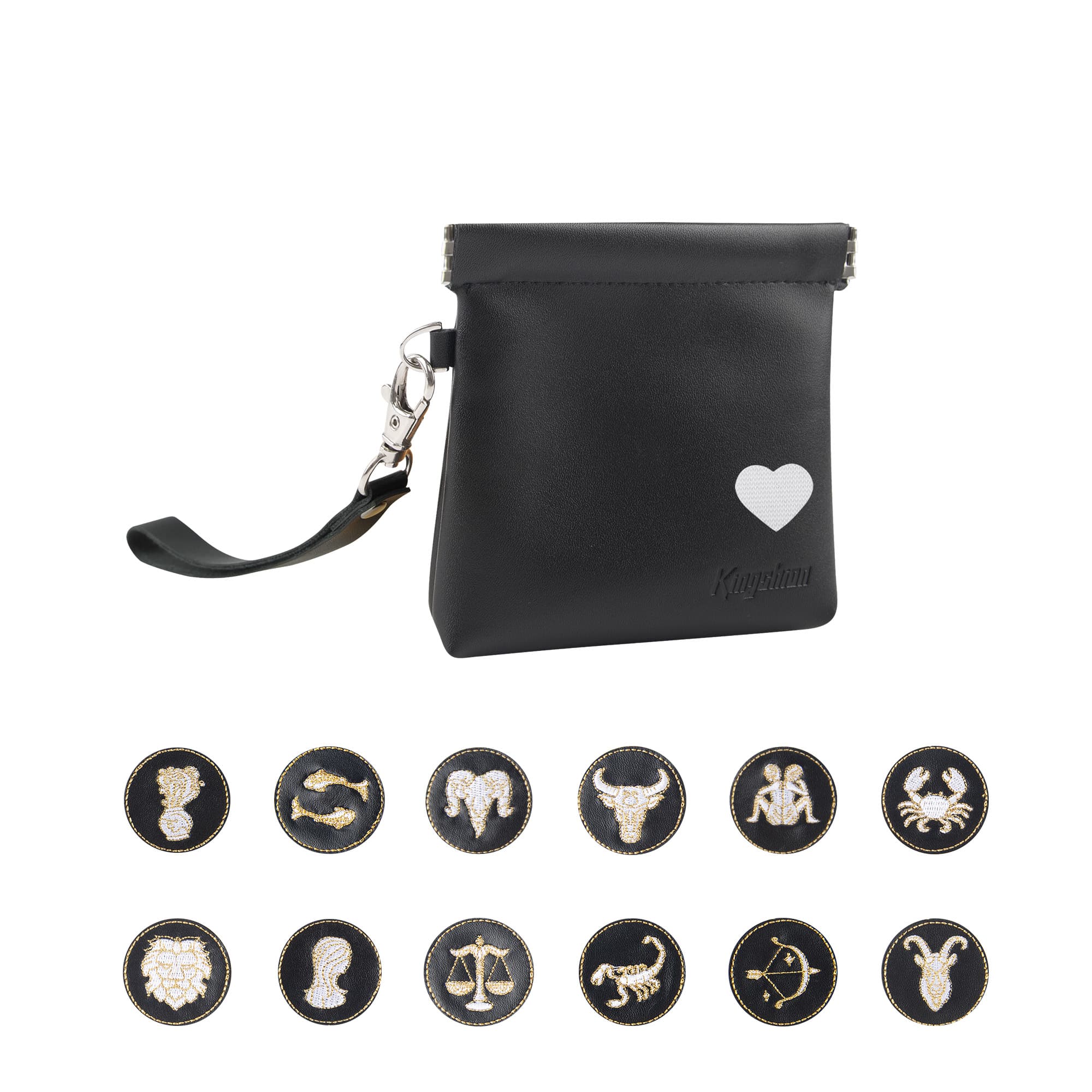 Snap Button Closure Pouch, 4.3 in Storage Organizer with Detachable Wrist Strap & 12 Constellation Badges - Self-closing Multipurpose Bag for Cosmetics, Lipstick, Earbuds, Change, Jewelry (Black)