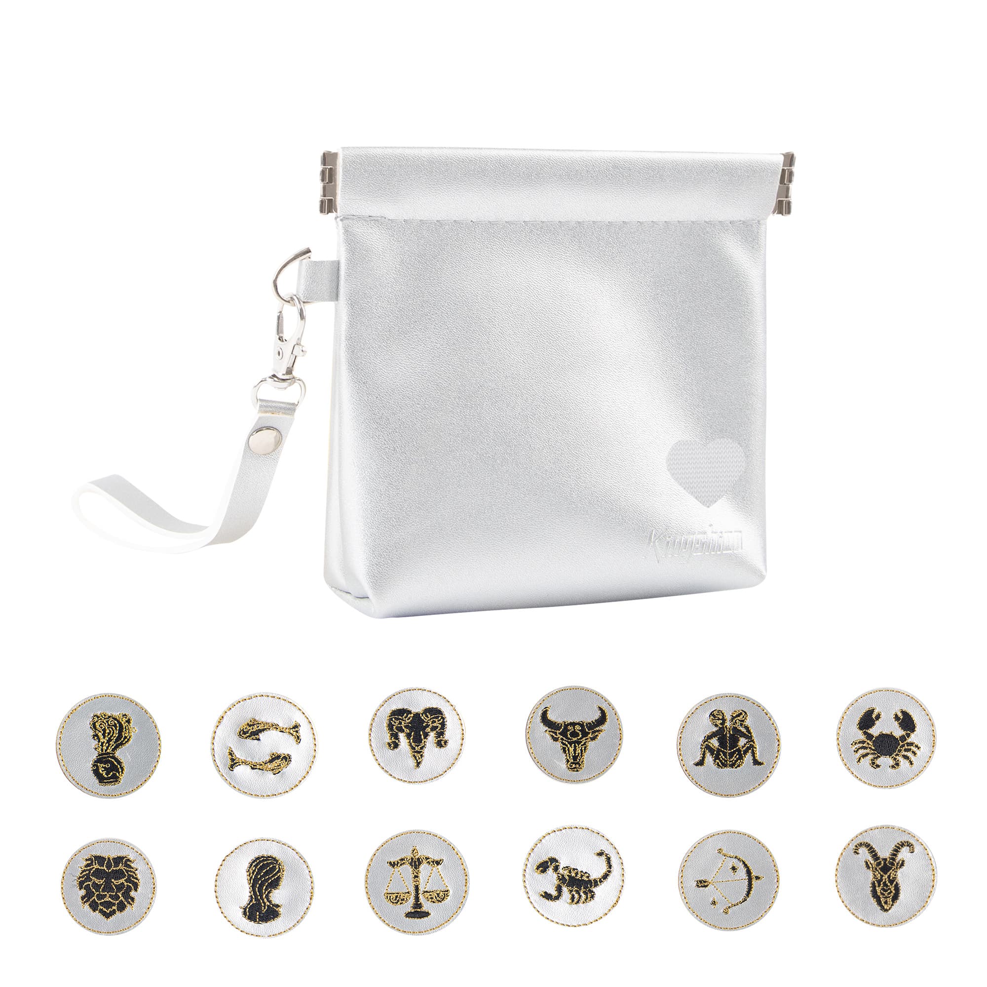 Snap Button Closure Pouch, 4.1 in Storage Organizer with Detachable Wrist Strap & 12 Constellation Badges - Self-closing Multipurpose Bag for Cosmetics, Lipstick, Earbuds, Change, Jewelry (Light Gray)