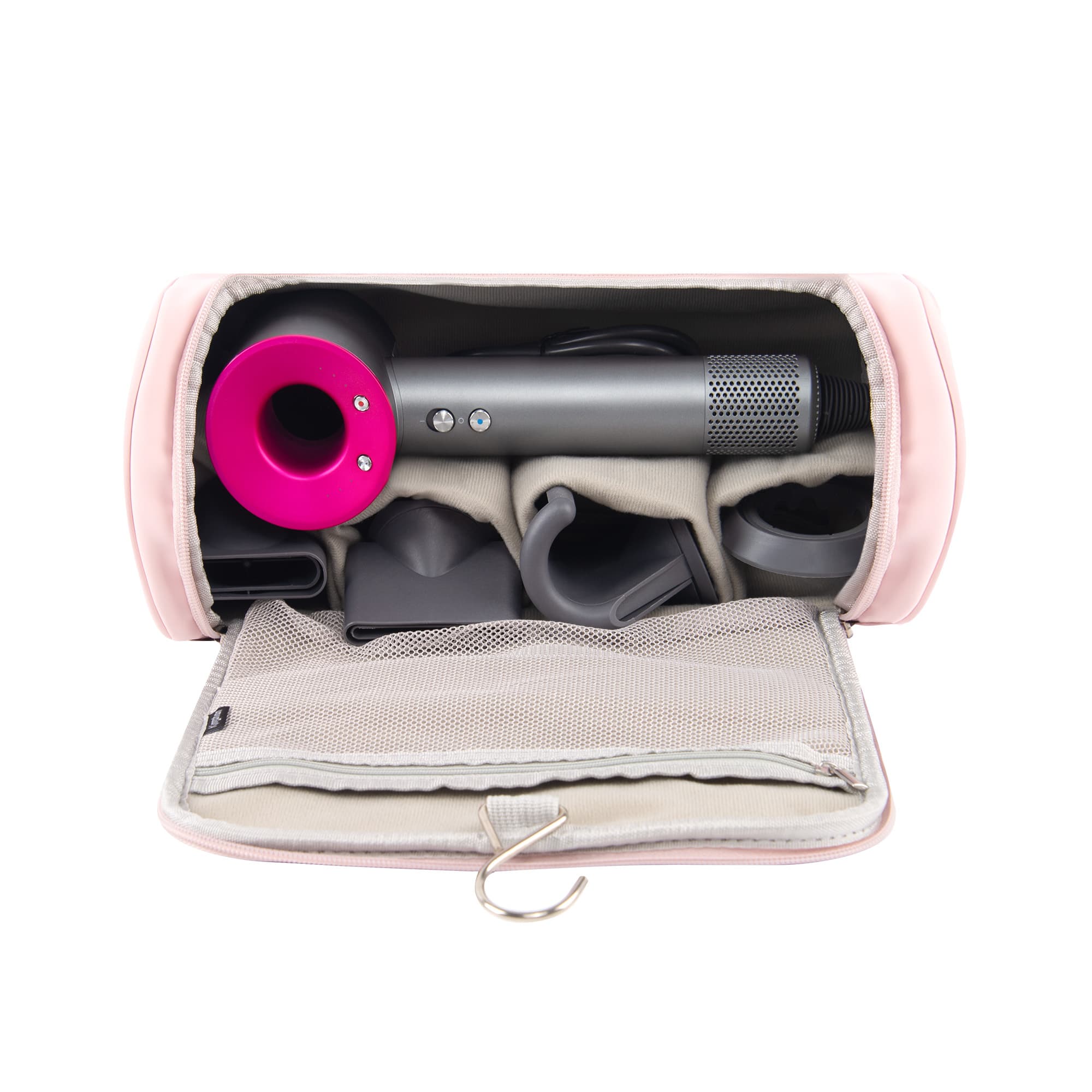 Hair Tool Organizer Case Compatible with Hair Dryer & Curling Iron - Premium Smooth PU Leather Storage Bag with Wall-Mountable Hook, Mesh Pocket, 4 Slots for Detachable Replacement Heads (Pink) - 3