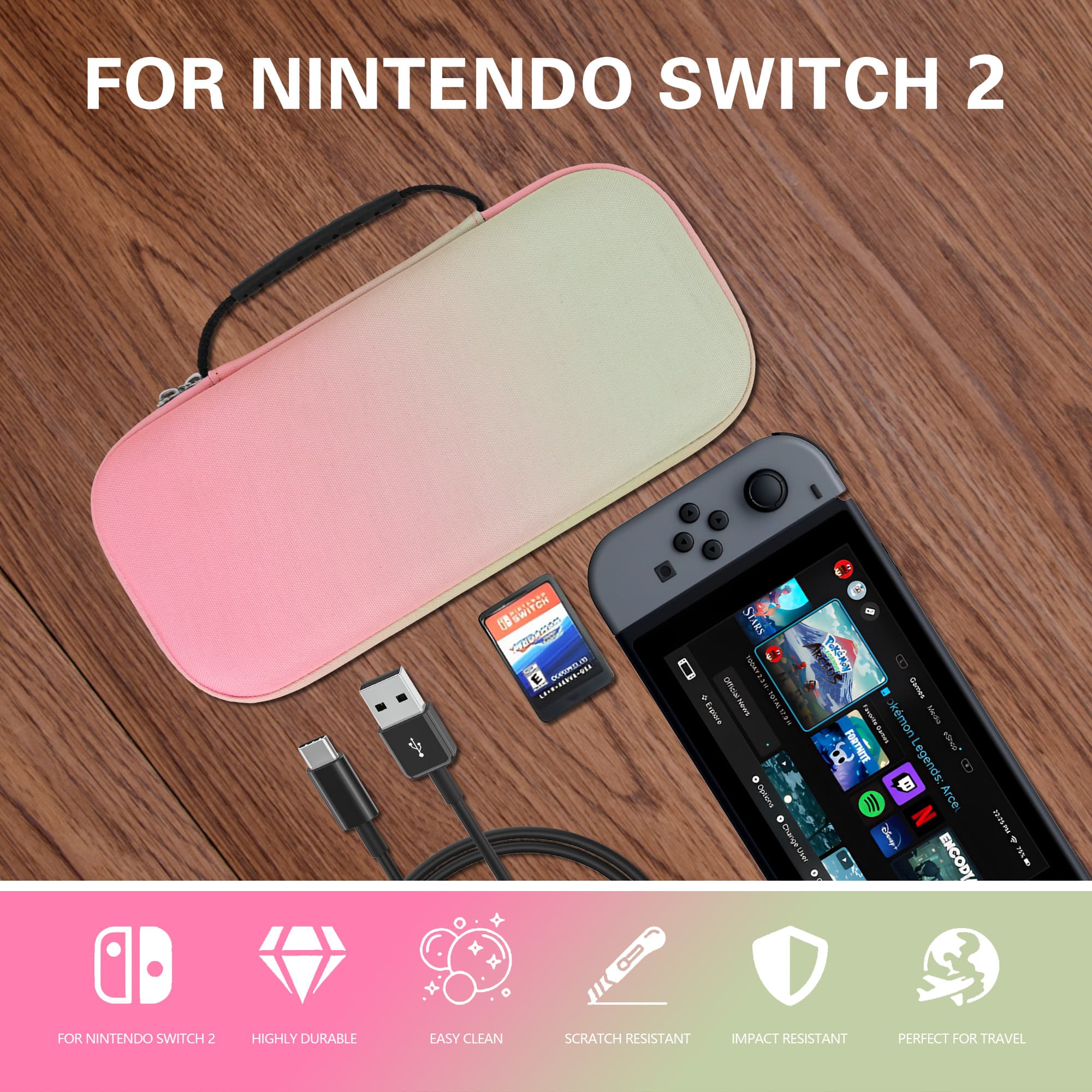 Carrying Case for Switch 2 (2025) - Hard Shell Travel Case with 10 Game Card Slots & Accessory Pocket, Protective Storage Bag for Switch 2 Console - Pinkish Green - 5