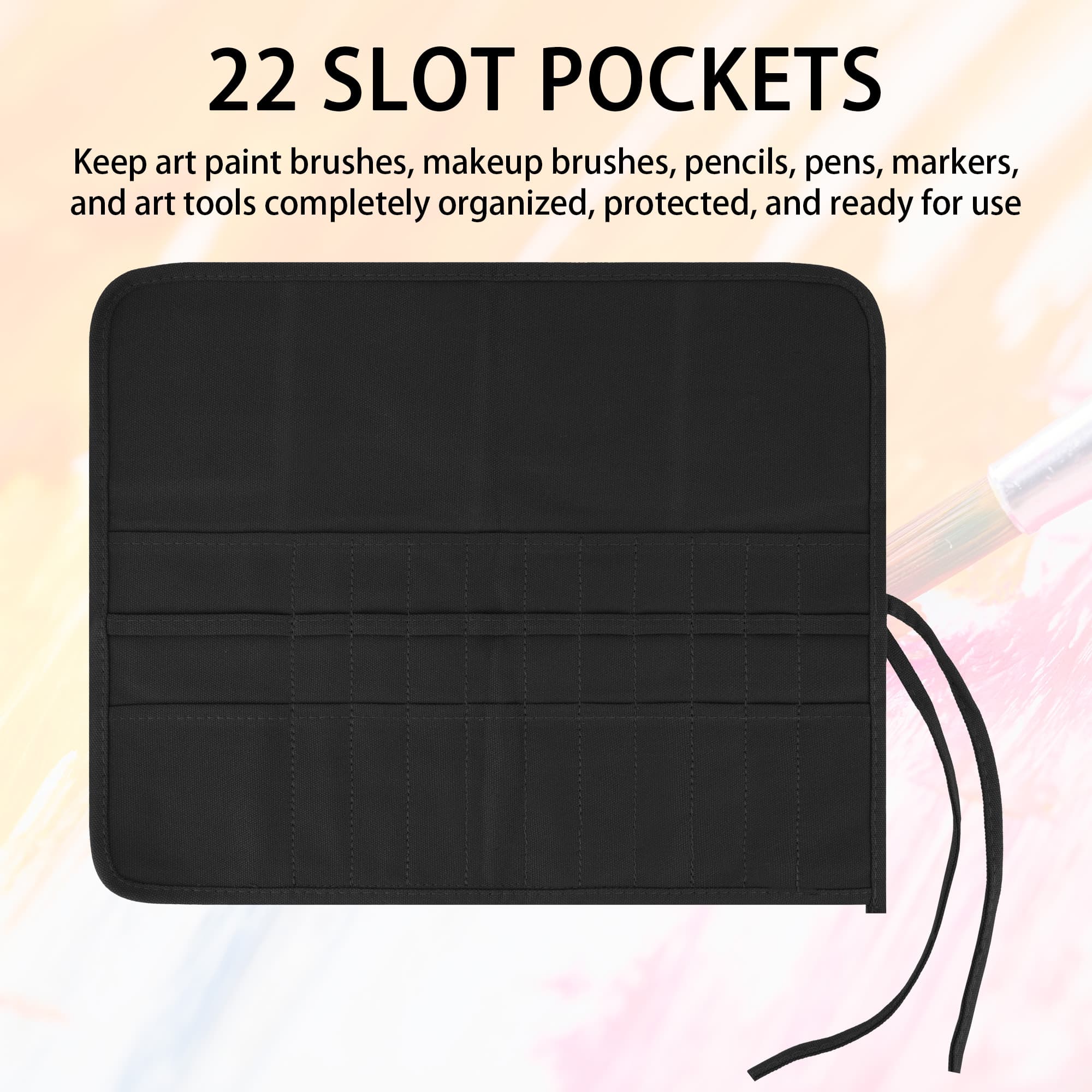 Kingshion 22 Slot Paint Brush Storage Bag, Canvas Roll Up Artist Paint Brush Pouch, Watercolor Gouache Oil Paint Brush Holder, Pencil Pen Storage Bag (Black) - 3