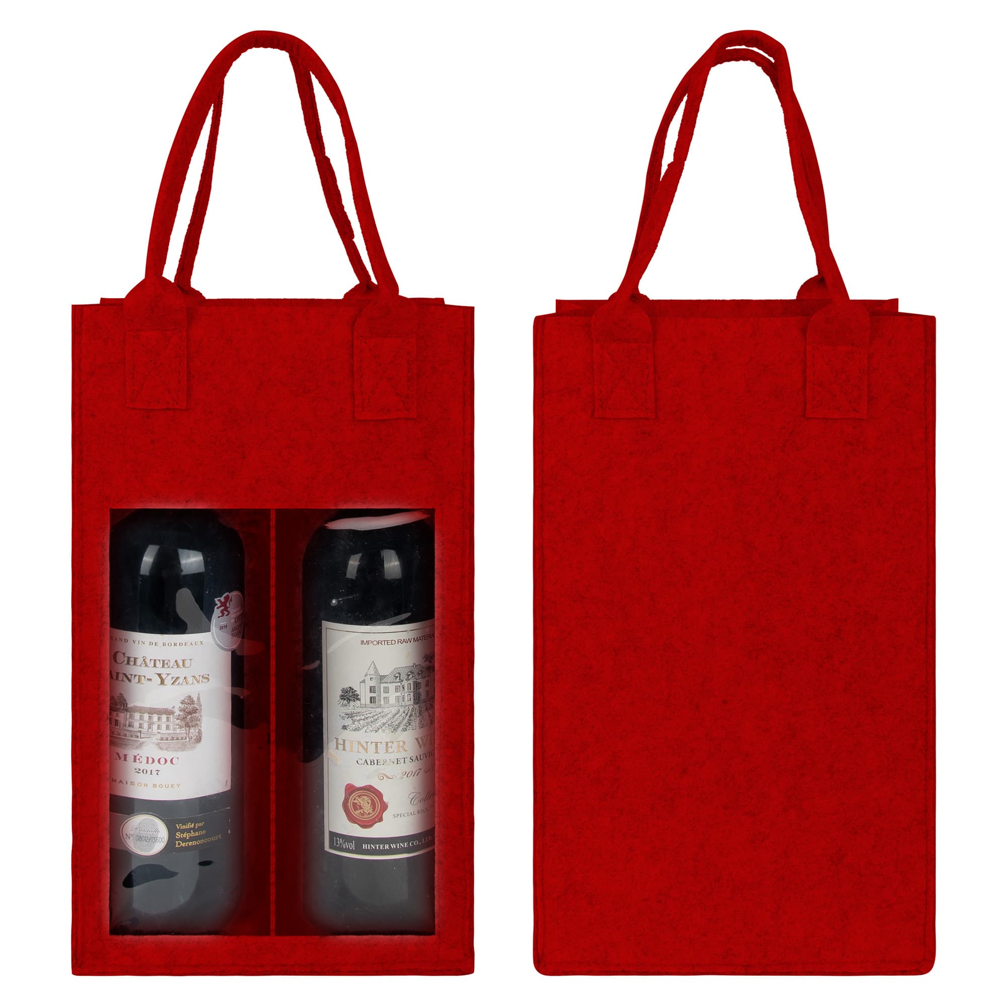 Kingshion Felt 2 Wine Bottle Carrier Bag with Handle, 2 Compartments Wine Bottle Storage Holder, Reusable Travel Wine Carry Bag (Red)