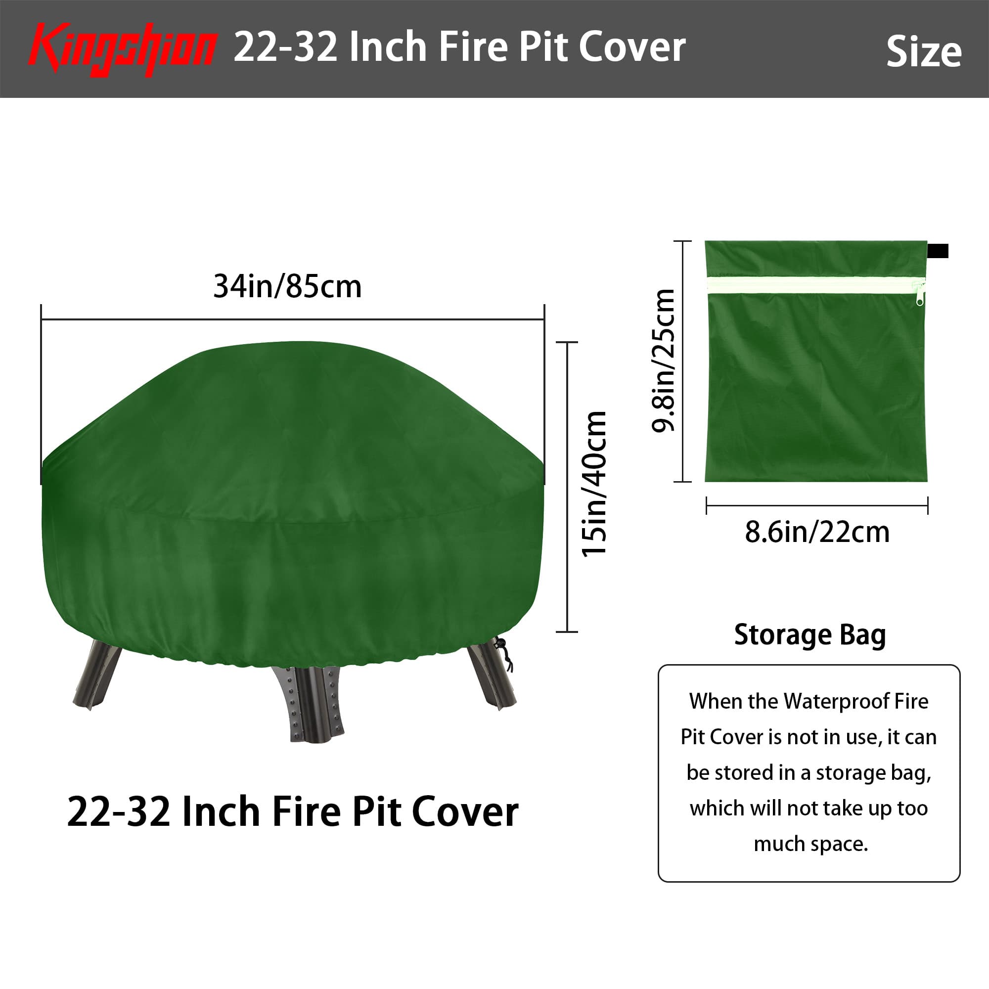 Kingshion 22-32 Inch Fire Pit Cover with Storage Bag, Dustproof Outdoor Fire Pit Table Cover,  Heavy Duty Polyester Firepit Cover Round with Windproof Drawstring & Waterproof Layer, Green - 1
