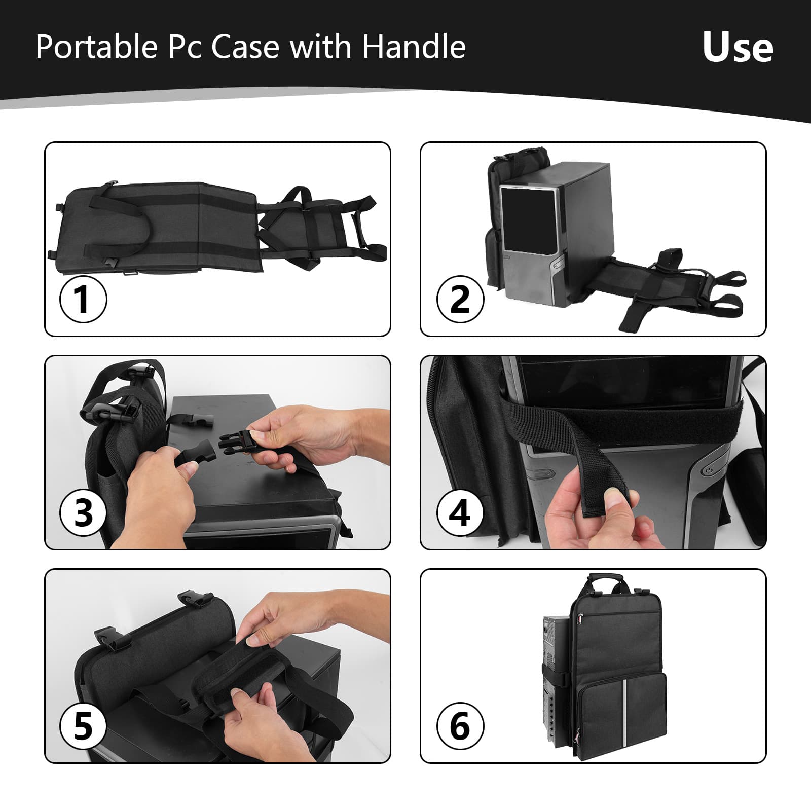 Kingshion Portable Pc Case with Handle, Desktop Computer Case Belt Holder with Pockets for Keyboard,Cable, Headphone, Ideal for Transporting On The Go - Dark Grey - 5