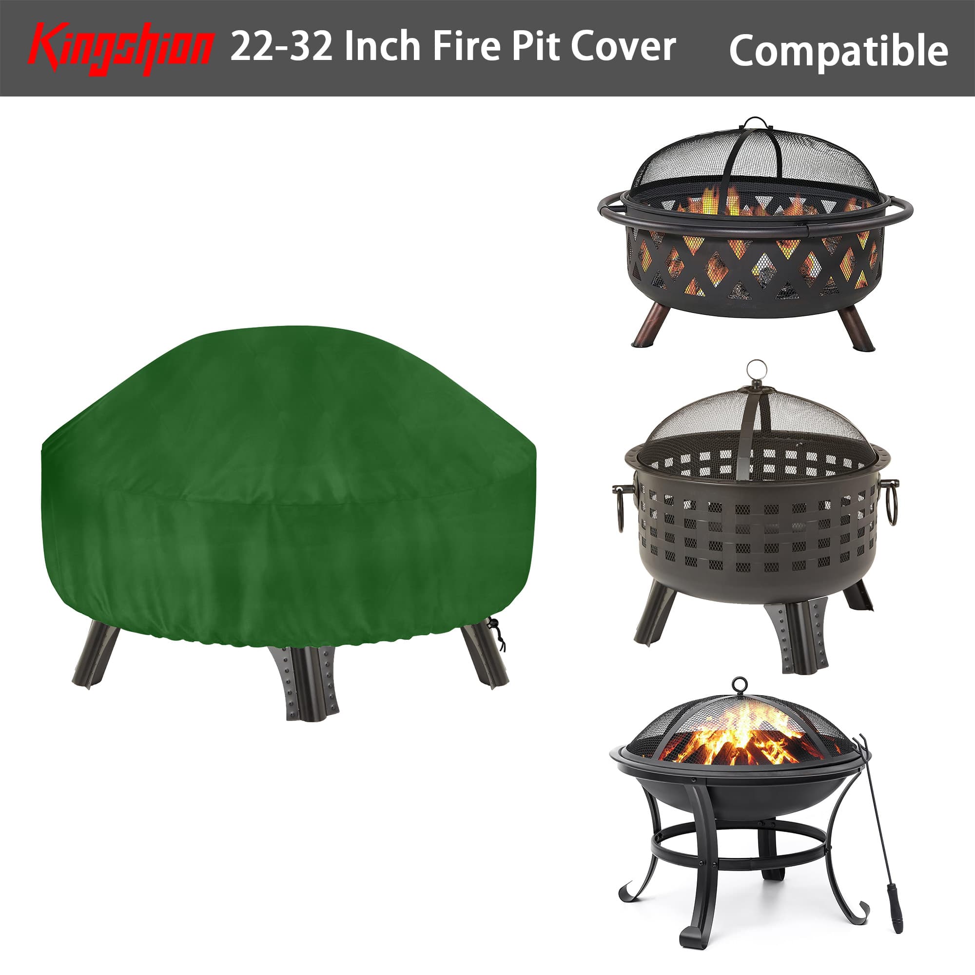 Kingshion 22-32 Inch Fire Pit Cover with Storage Bag, Dustproof Outdoor Fire Pit Table Cover,  Heavy Duty Polyester Firepit Cover Round with Windproof Drawstring & Waterproof Layer, Green - 3