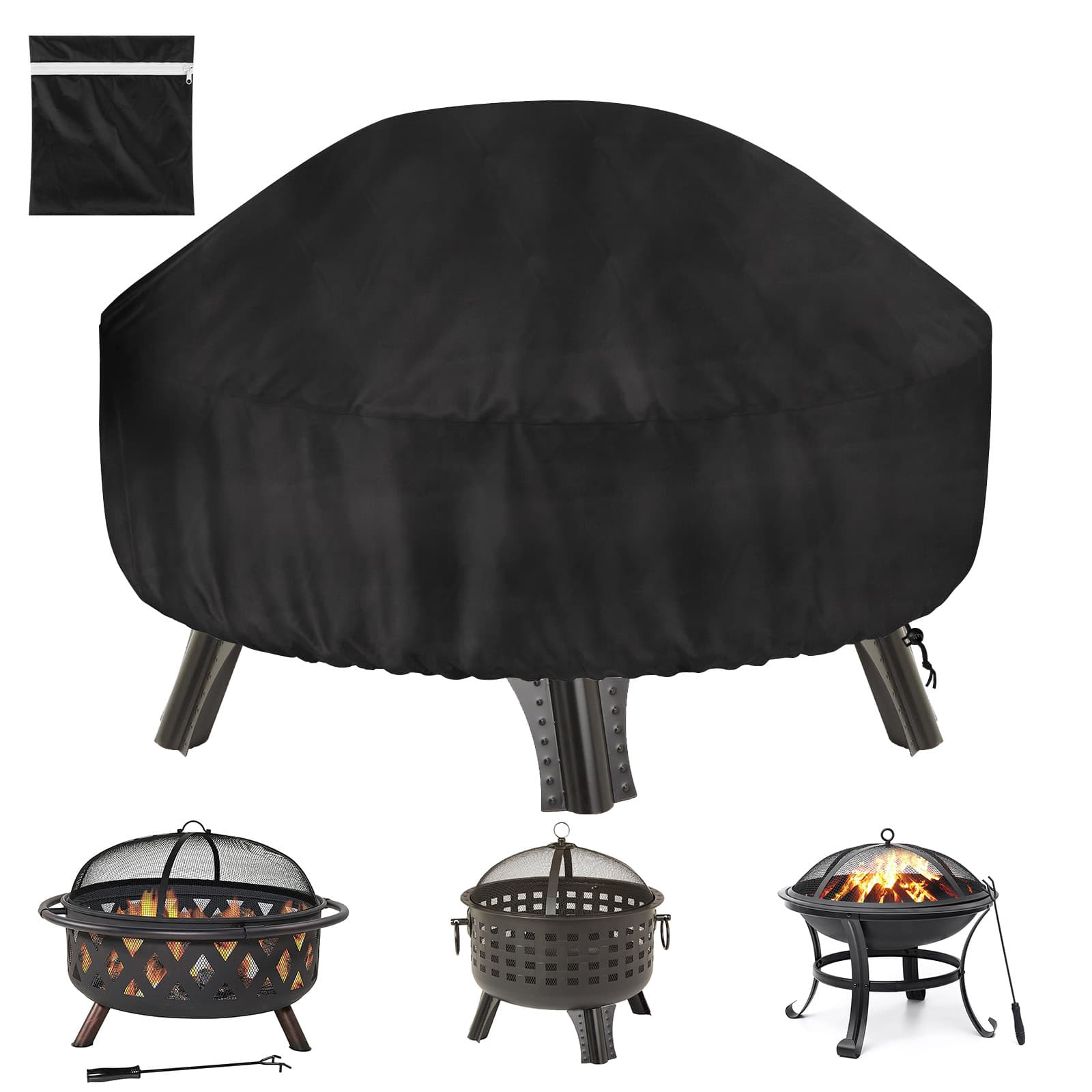 Kingshion 22-32 Inch Fire Pit Cover with Storage Bag, Dustproof Outdoor Fire Pit Table Cover,  Heavy Duty Polyester Firepit Cover Round with Windproof Drawstring & Waterproof Layer, Black