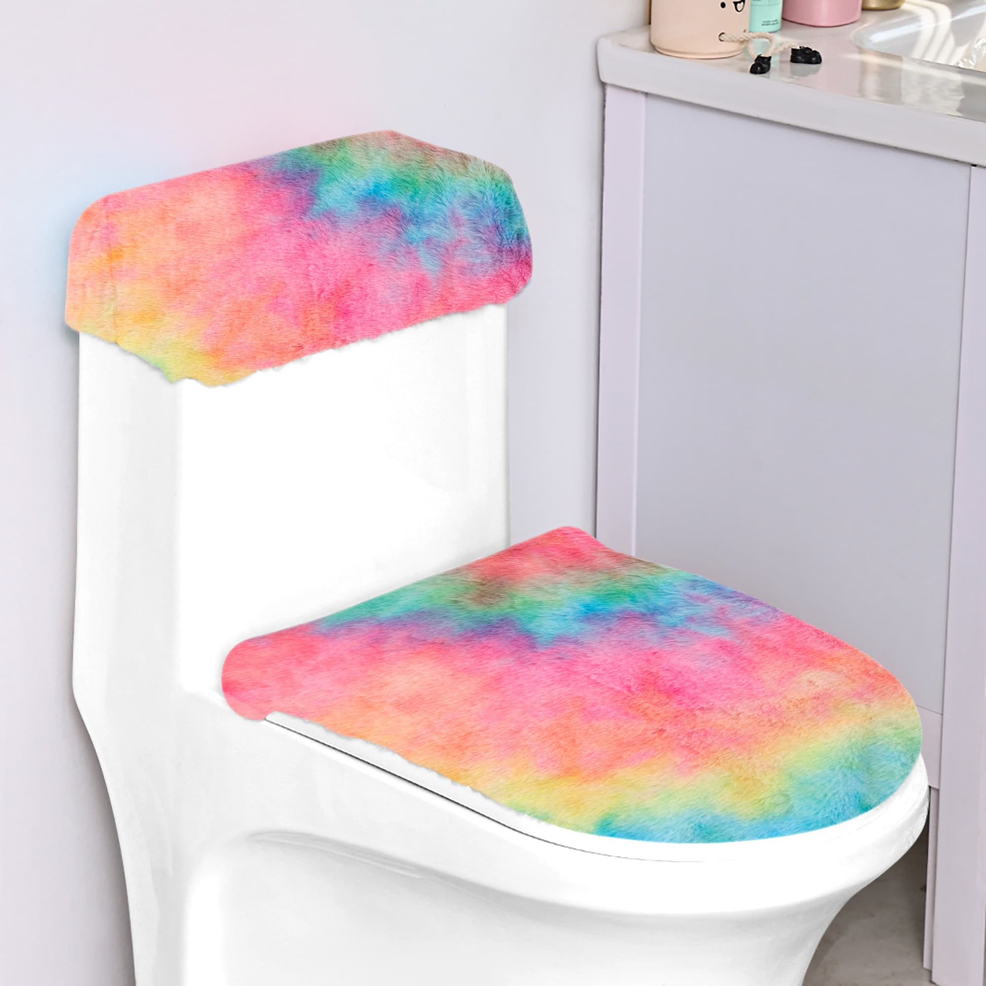 Pastel Blue Toilet Lid & Tank Cover Set - 2-Piece Plush Microfiber Dust-Proof Protectors, Machine Washable Bathroom Accessories with Elastic Fit & Quick-Dry Fabric - 3