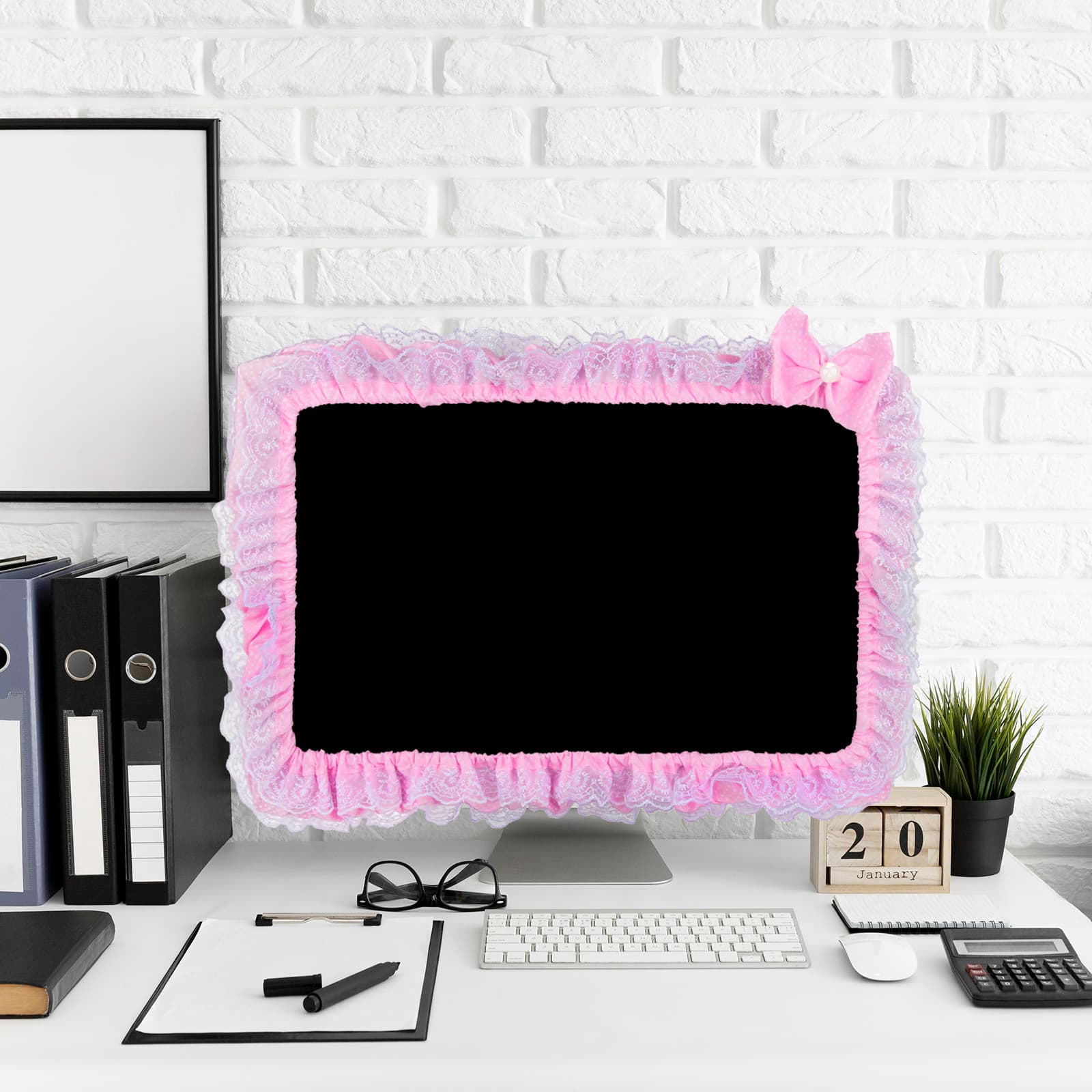 24" Lovely Cute Lace Computer Monitor Cover with Elastic, Bow-knot TV LCD Screen Monitor Decoration Dust Cover Protector, Pink - 5