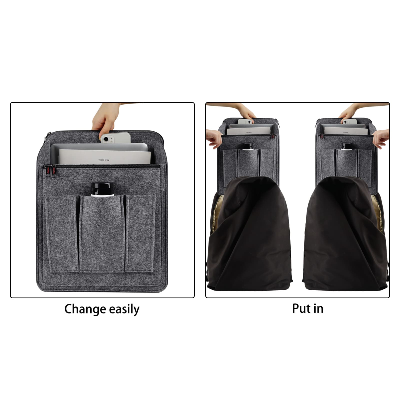 Felt Backpack Organizer Insert for Over 10" Backpack, Rucksack Shoulder, Travel Backpack Vertical Interior Bag - 3