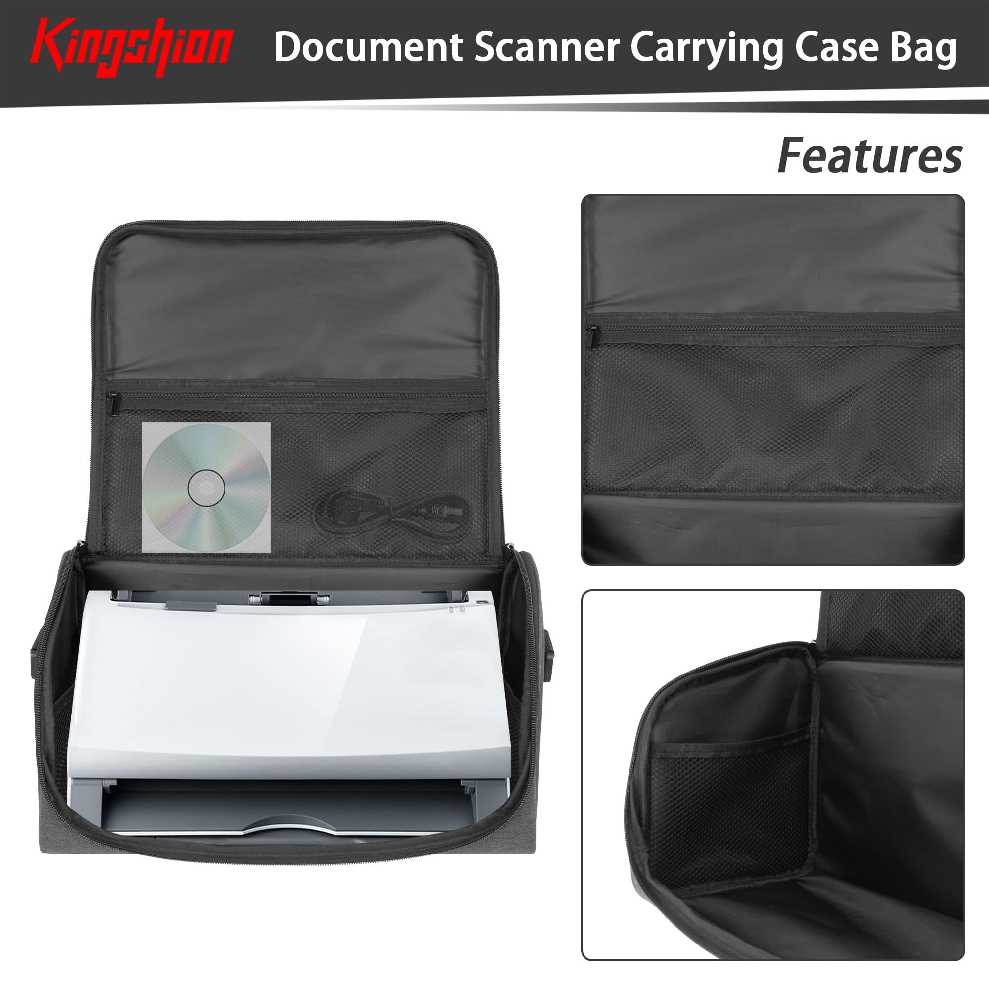 Kingshion Large Document Scanner Carrying Case Bag, Dust-Proof, Anti-Scratch, With Handle and Shoulder Strap Compatible with Plustek Scanner, Fujitsu Fi series, Brother and Raven Scanner Use-Dark Grey - 2