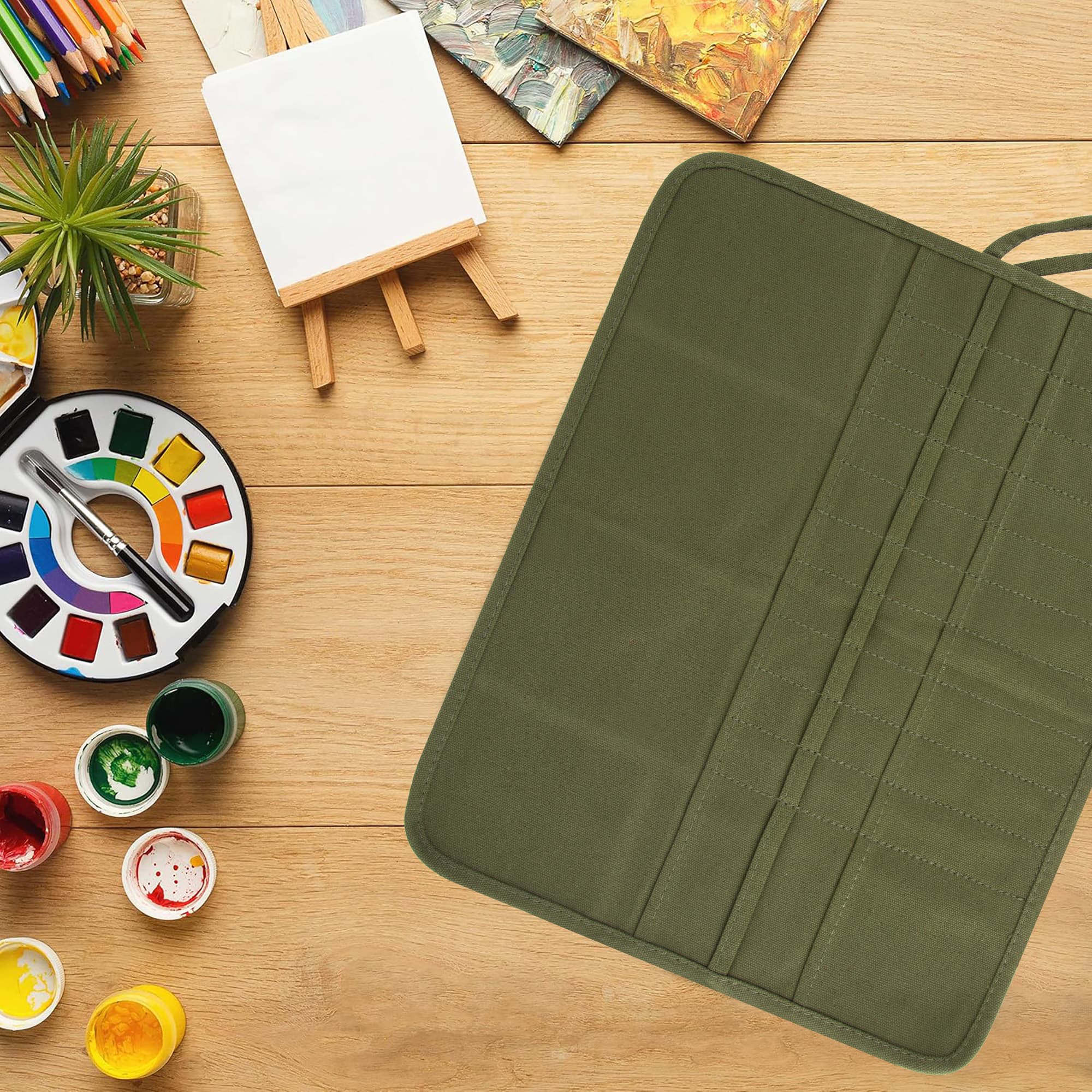 22 Slot Paint Brush Storage Bag, Canvas Roll Up Artist Paint Brush Pouch, Watercolor Gouache Oil Paint Brush Holder, Pencil Pen Storage Bag (Green) - 5