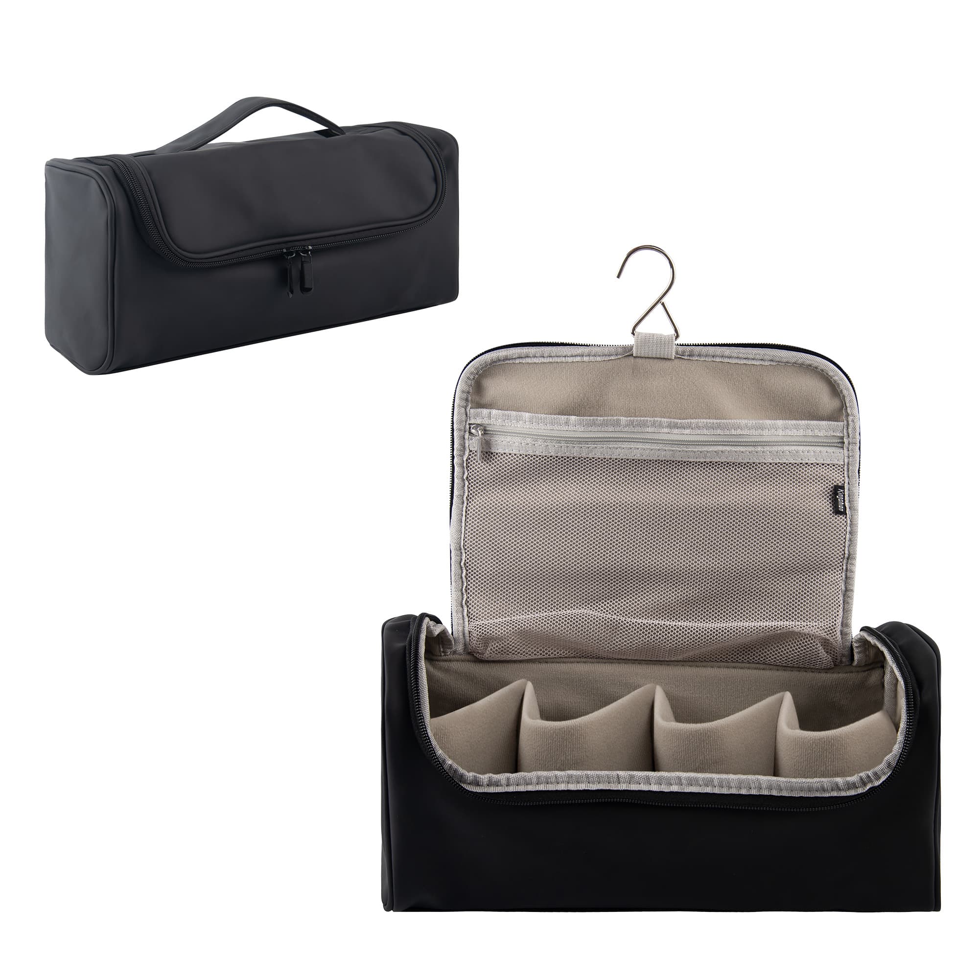 Hair Tool Organizer Case Compatible with Hair Dryer & Curling Iron - Premium Smooth PU Leather Storage Bag with Wall-Mountable Hook, Mesh Pocket, 4 Slots for Detachable Replacement Heads (Black)