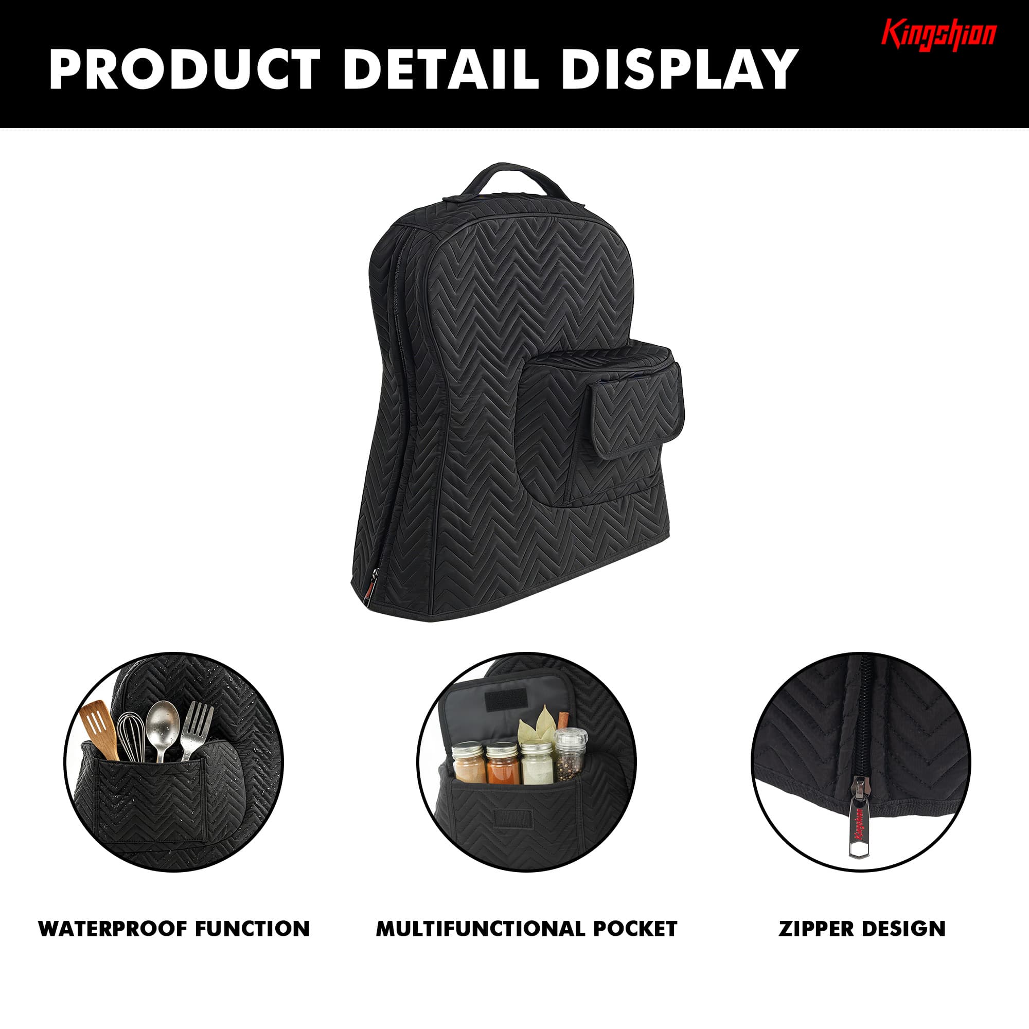 Stand Mixer Cover Compatible with Tilt-Head Mixer, Quilted Dust Cover with Zipper Back & Side Pockets, Protective Storage Bag for Mixer Accessories, Black - 2