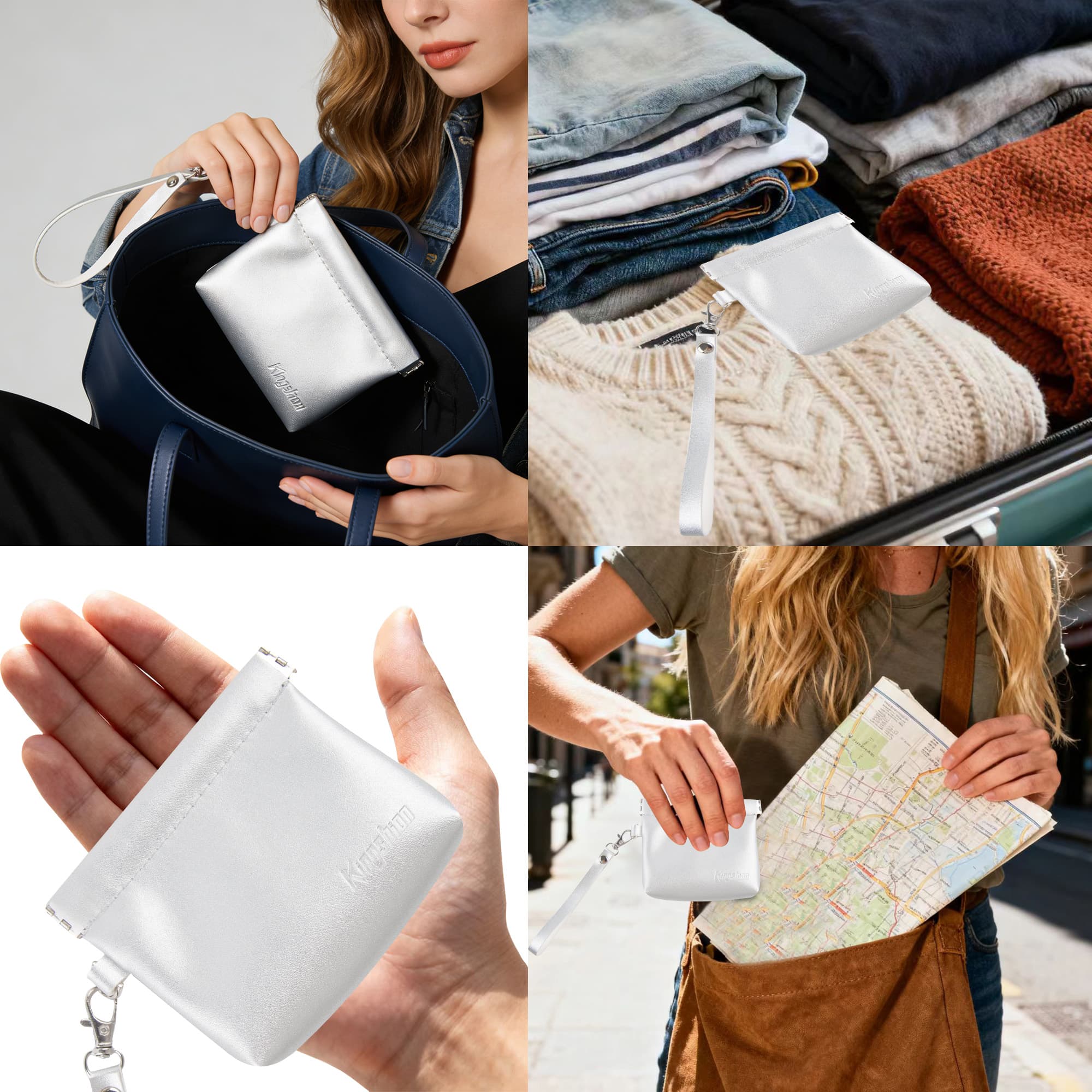 Snap Button Closure Pouch, 4.1 in Storage Organizer with Detachable Wrist Strap & 12 Constellation Badges - Self-closing Multipurpose Bag for Cosmetics, Lipstick, Earbuds, Change, Jewelry (Light Gray) - 5