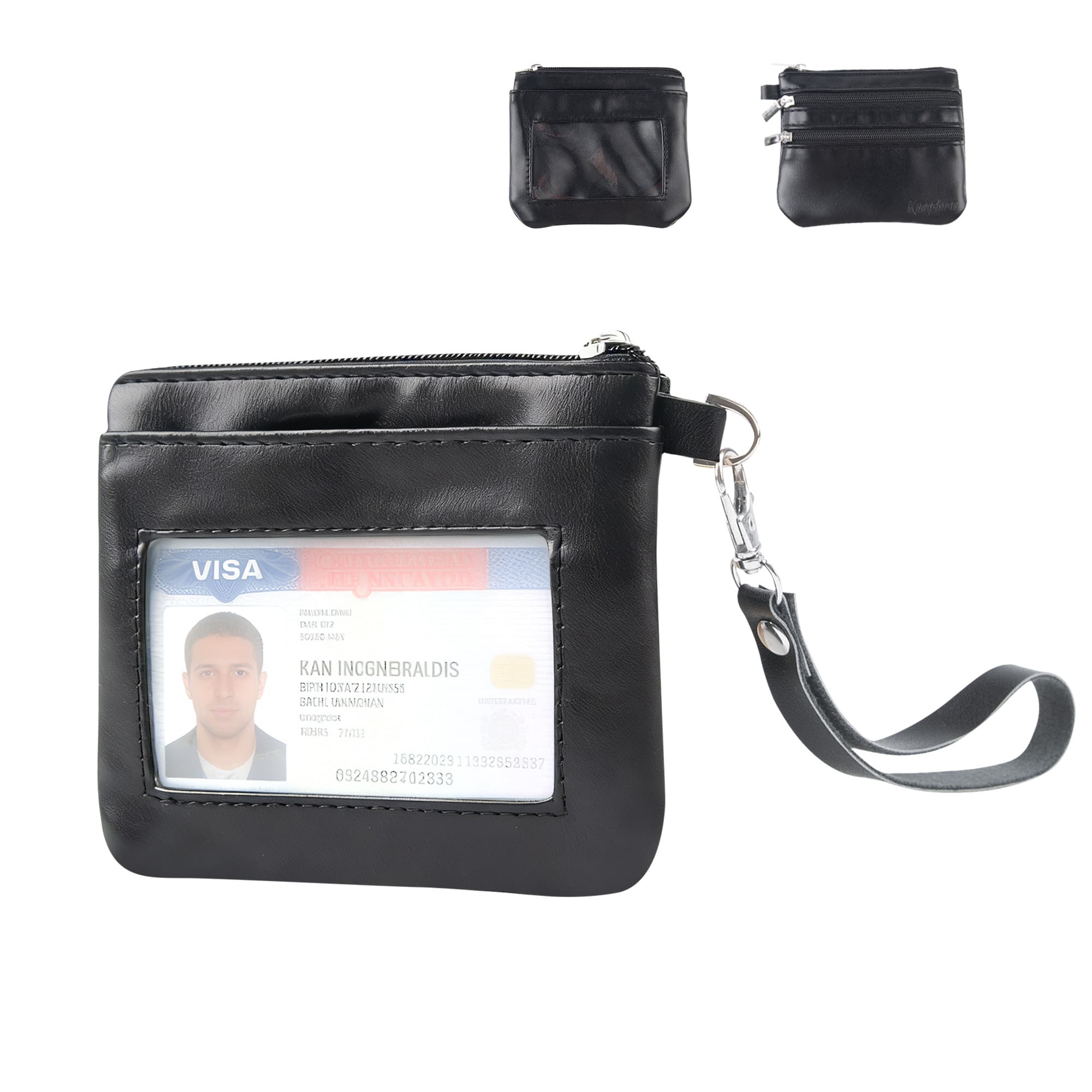 Mini Handheld Coin Purse Wallet with Detachable Wrist Strap - PU Leather Small Wallet with Front Transparent ID Window, Top Large Cash Zipper Compartment, Back Double Zipper Pockets for Cards & Coins