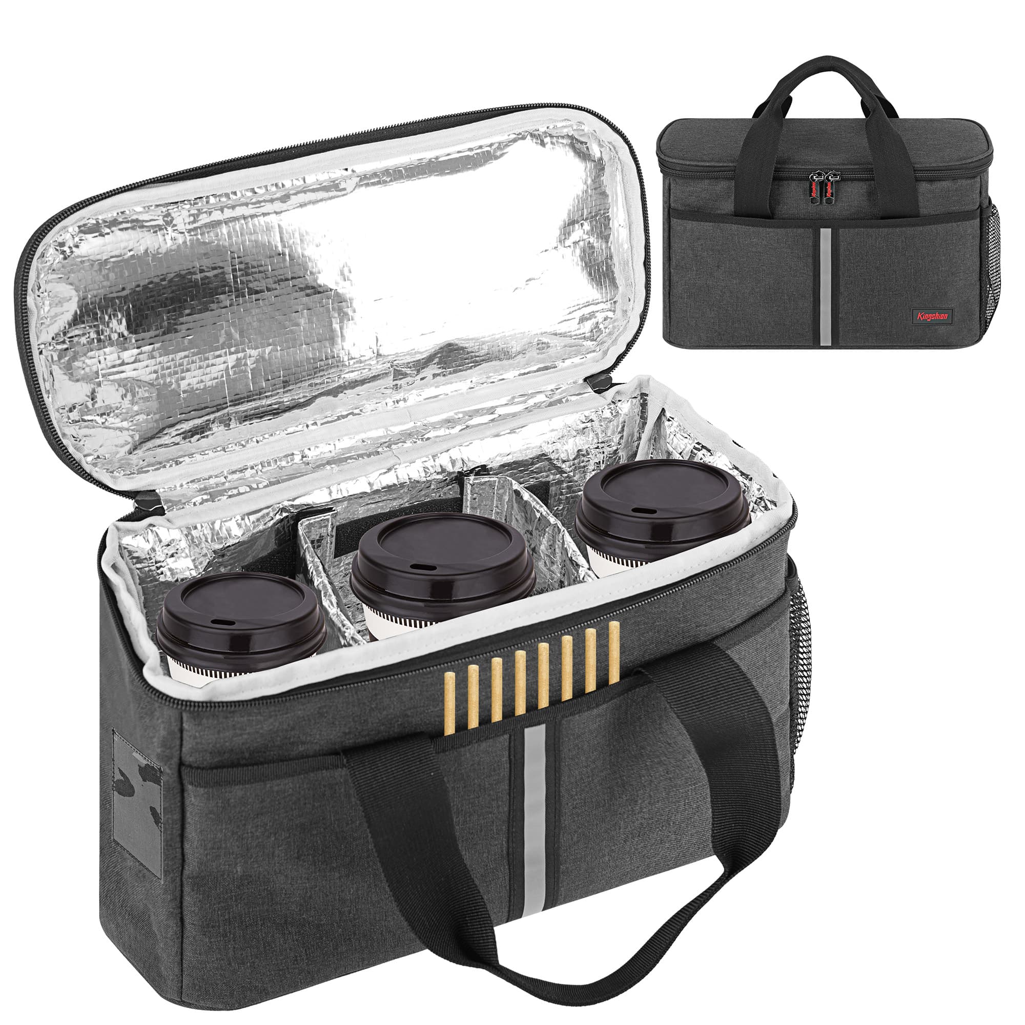 Reusable 3 Cups Coffee Drink Carrier, Portable Insulated Drink Caddy Cup Holder with Dividers, Side Bag and Thermal Insulation Hand-held Travel Bag - Dark Grey