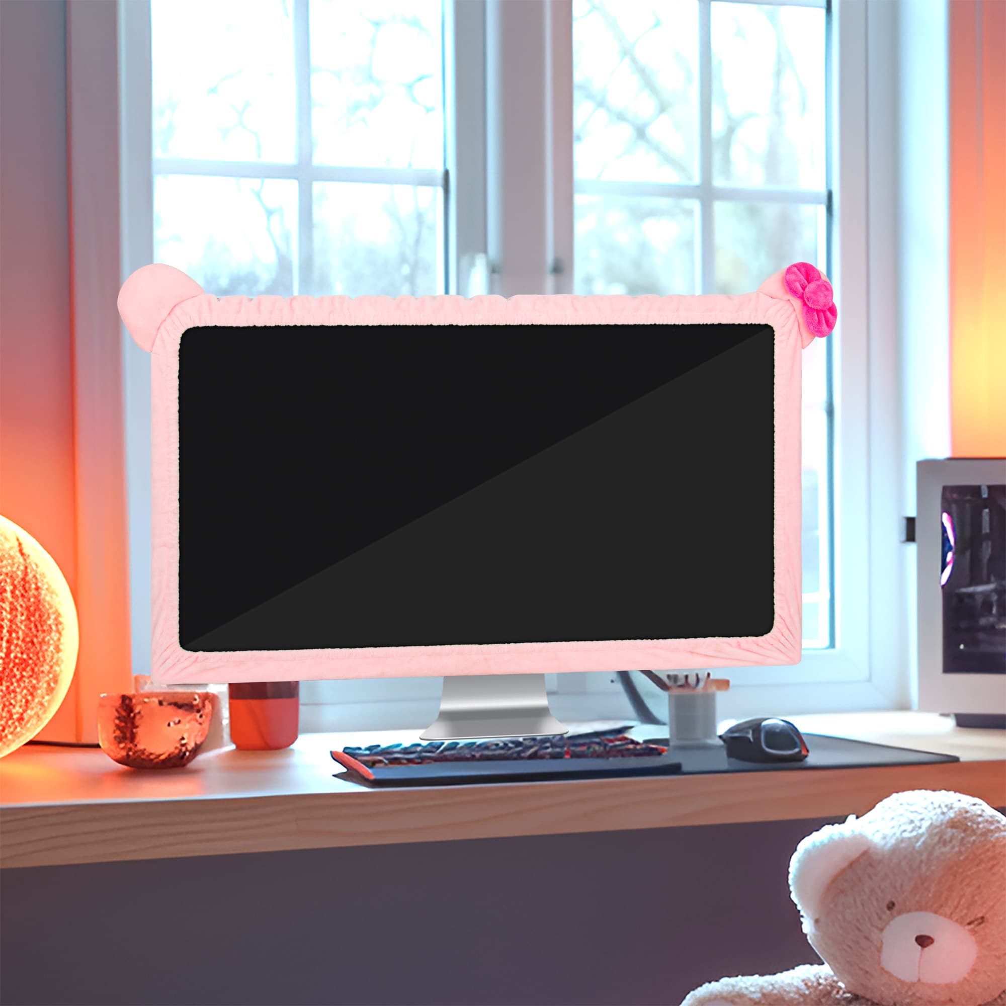 27"-34" Lovely Cute Computer Monitor Cover with Cat Ear Design, Kawaii Display Dust Cover with Furry Design - 2