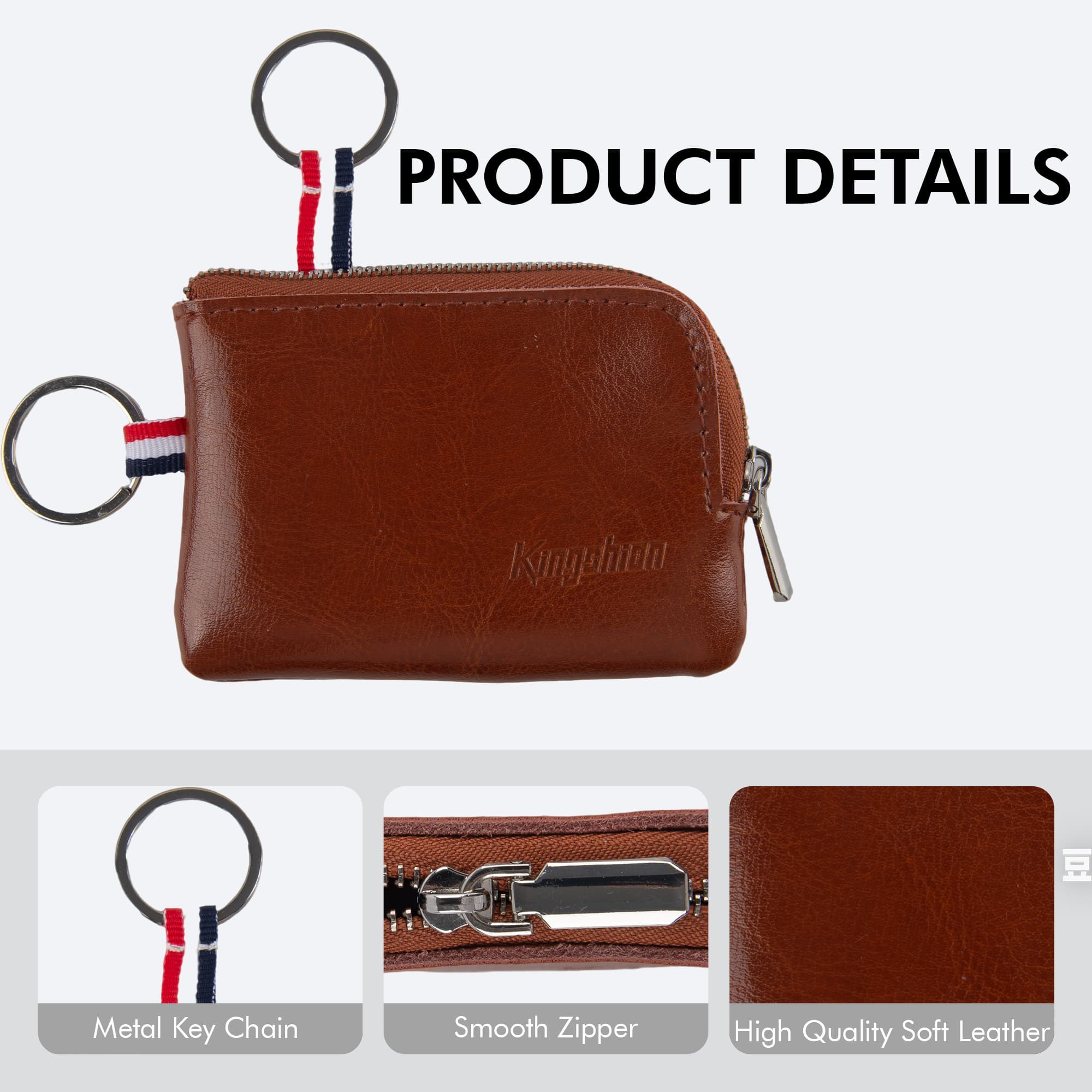 Genuine Leather Mini Coin Purse Keychain, Small Change Pouch Wallet with Clip Ring and Inner Key Holder, Compact Coin Wallet for Keys, Coins, Cash (Brown) - 2