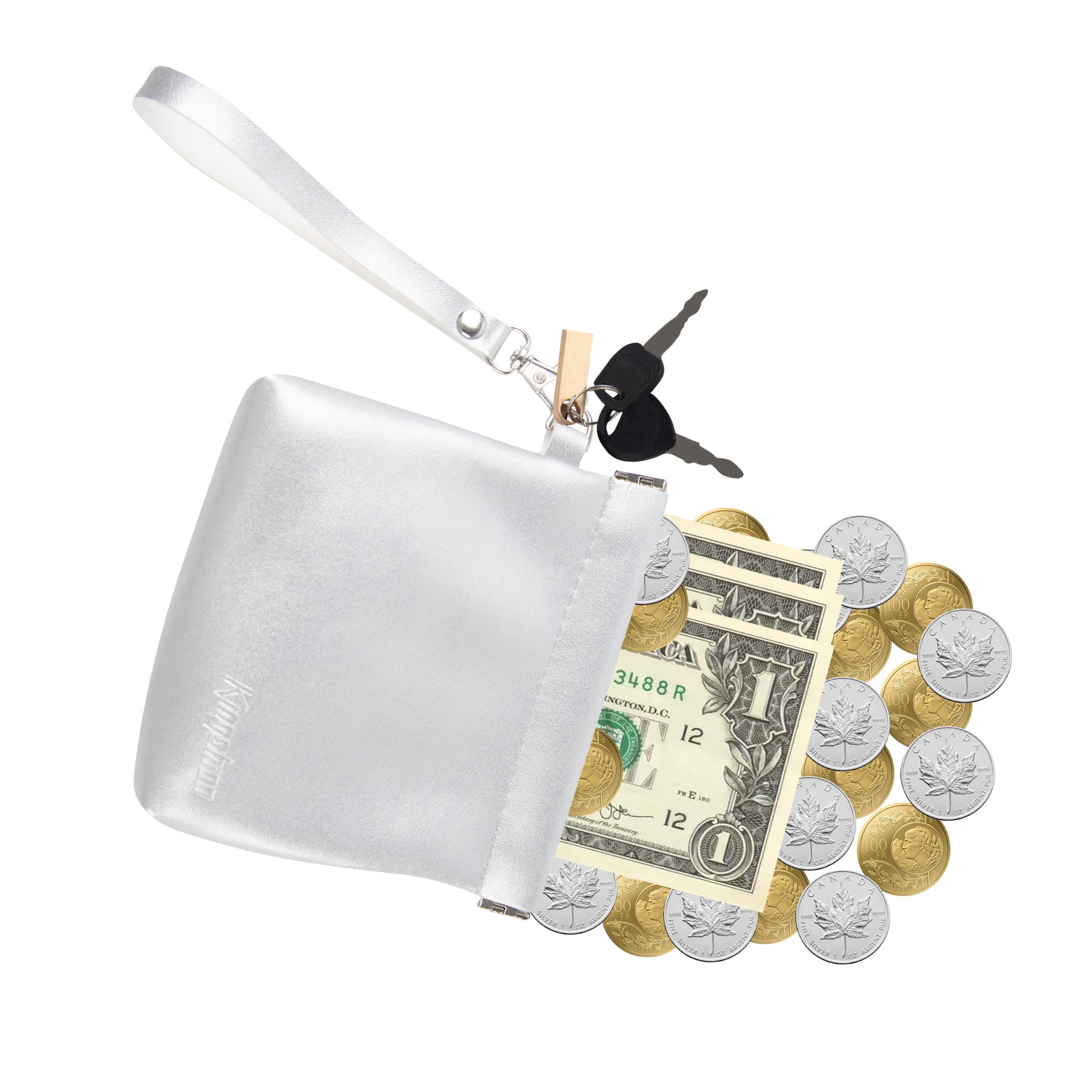 Snap Button Closure Pouch, 4.3 in Storage Organizer with Detachable Wrist Strap & 12 Constellation Badges - Self-closing Multipurpose Bag for Cosmetics, Lipstick, Earbuds, Change, Jewelry (Light Gray) - 2