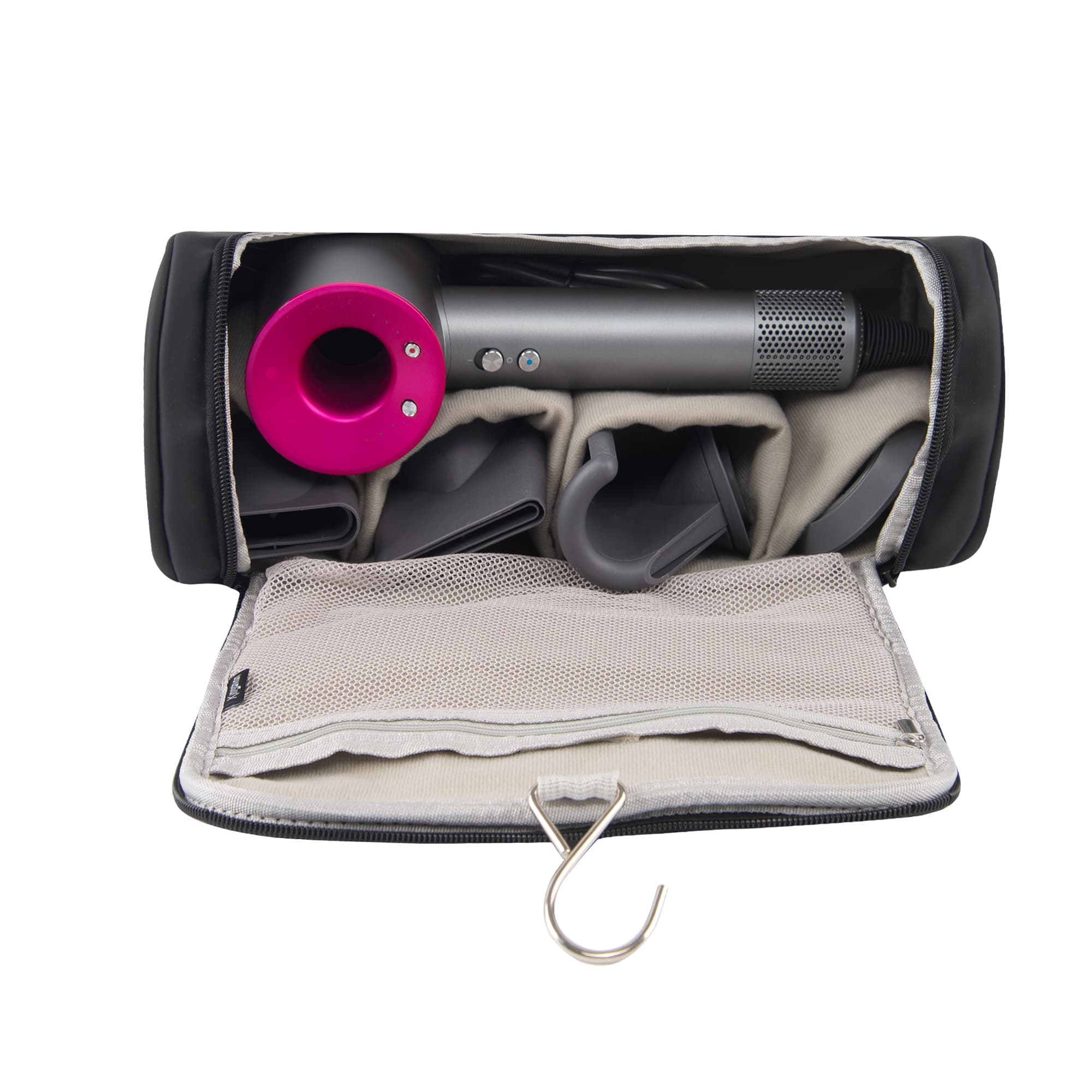 Hair Tool Organizer Case Compatible with Hair Dryer & Curling Iron - Premium Smooth PU Leather Storage Bag with Wall-Mountable Hook, Mesh Pocket, 4 Slots for Detachable Replacement Heads (Black) - 3