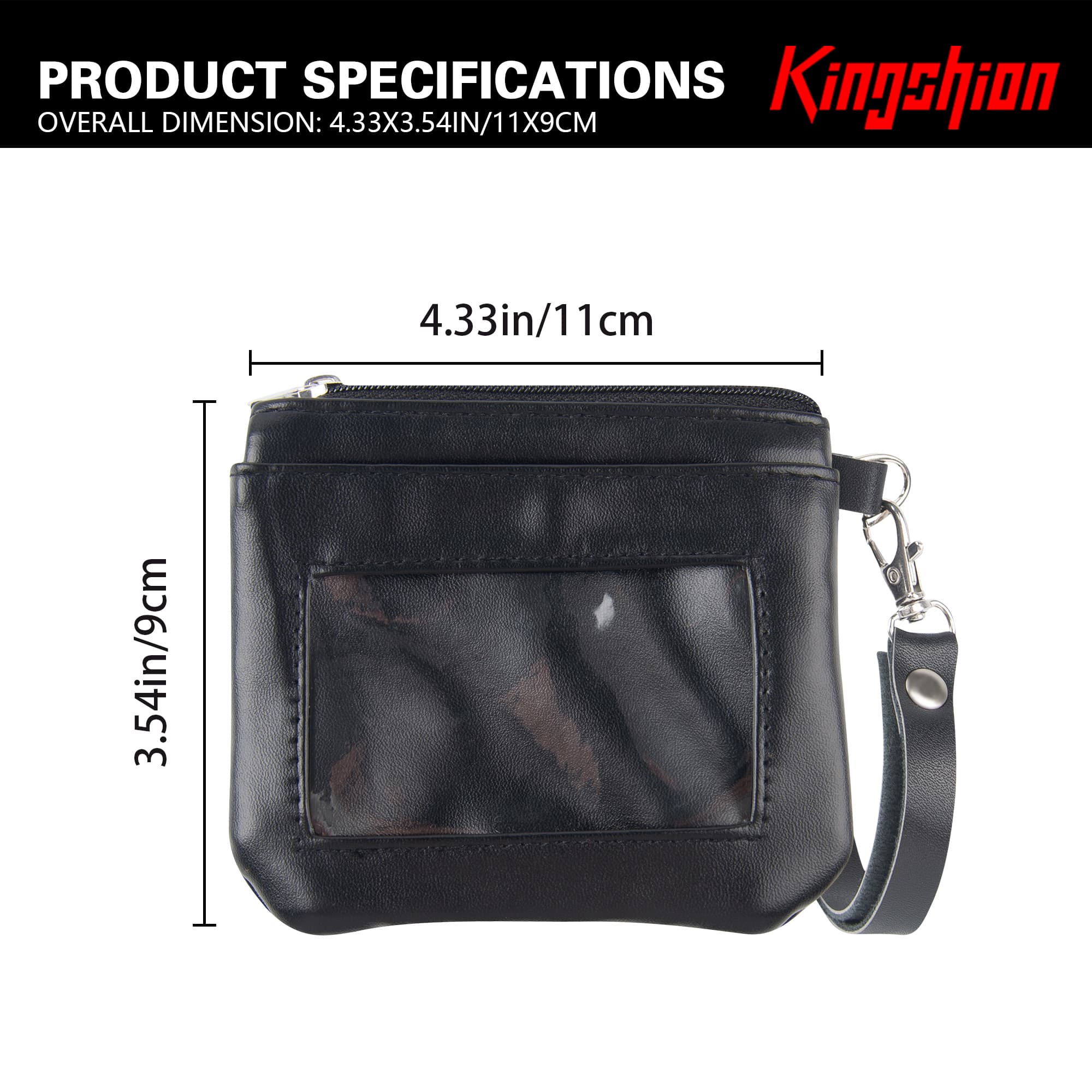 Mini Handheld Coin Purse Wallet with Detachable Wrist Strap - PU Leather Small Wallet with Front Transparent ID Window, Top Large Cash Zipper Compartment, Back Double Zipper Pockets for Cards & Coins - 3