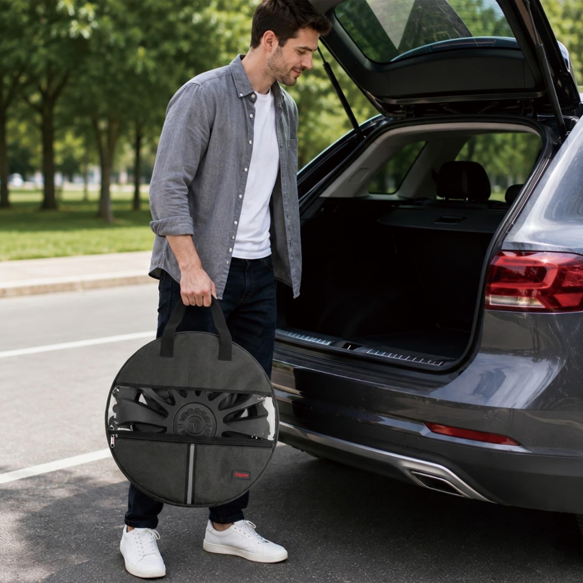 Generic 19 Inch Wheel Hubcap Storage Bag with Clear Window and 2mm Thick Felt Pads, Heavy Duty Wheel Cover Carrying Case Compatible with Tesla Model Y Gemini 19" Aero Covers, Dark Gray - 3