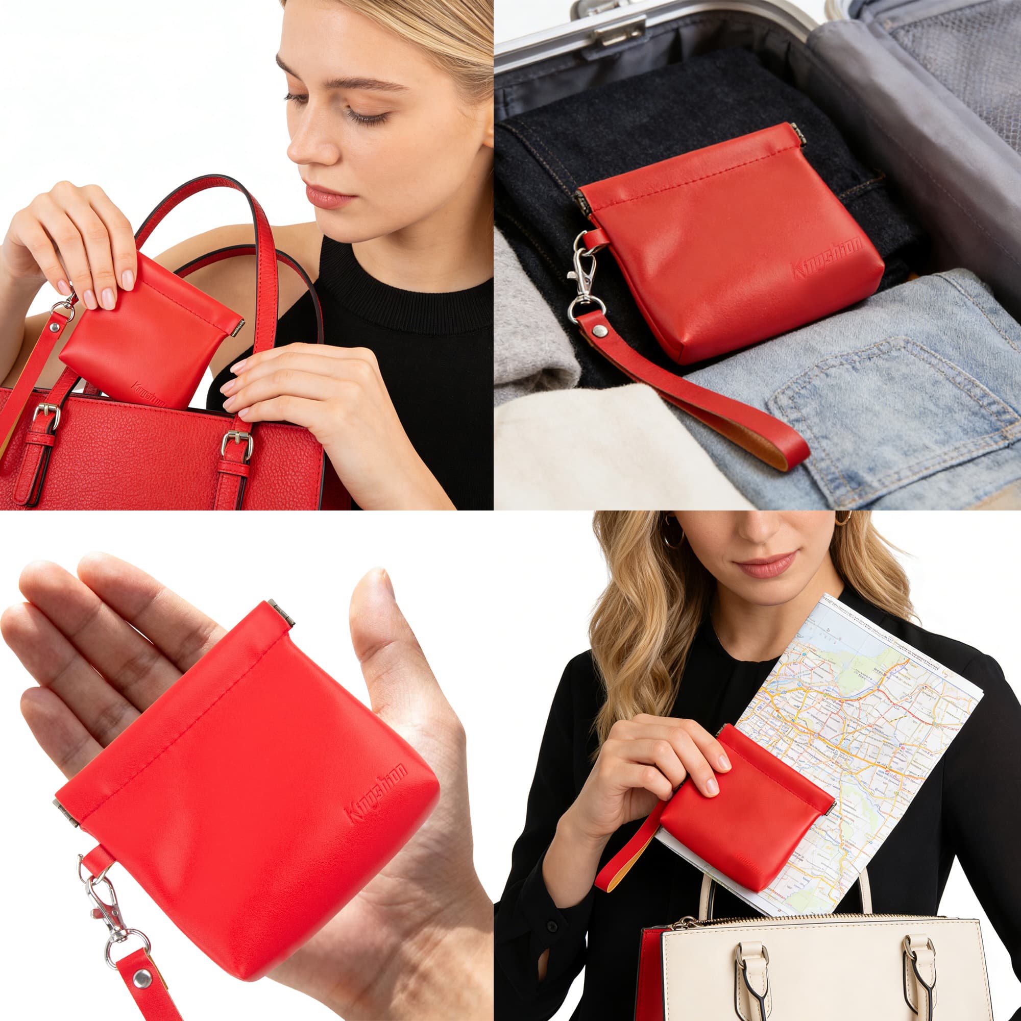 Snap Button Closure Pouch, 4.3 in Storage Organizer with Detachable Wrist Strap & 12 Constellation Badges - Self-closing Multipurpose Bag for Cosmetics, Lipstick, Earbuds, Change, Jewelry (Red) - 5