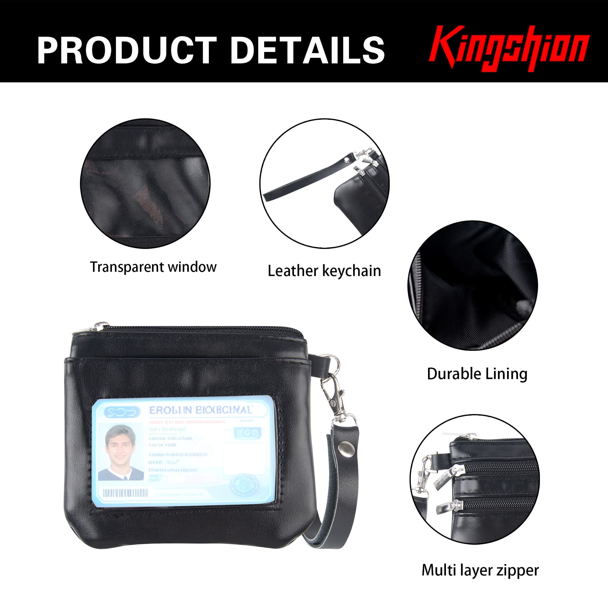 Mini Handheld Coin Purse Wallet with Detachable Wrist Strap - PU Leather Small Wallet with Front Transparent ID Window, Top Large Cash Zipper Compartment, Back Double Zipper Pockets for Cards & Coins - 4
